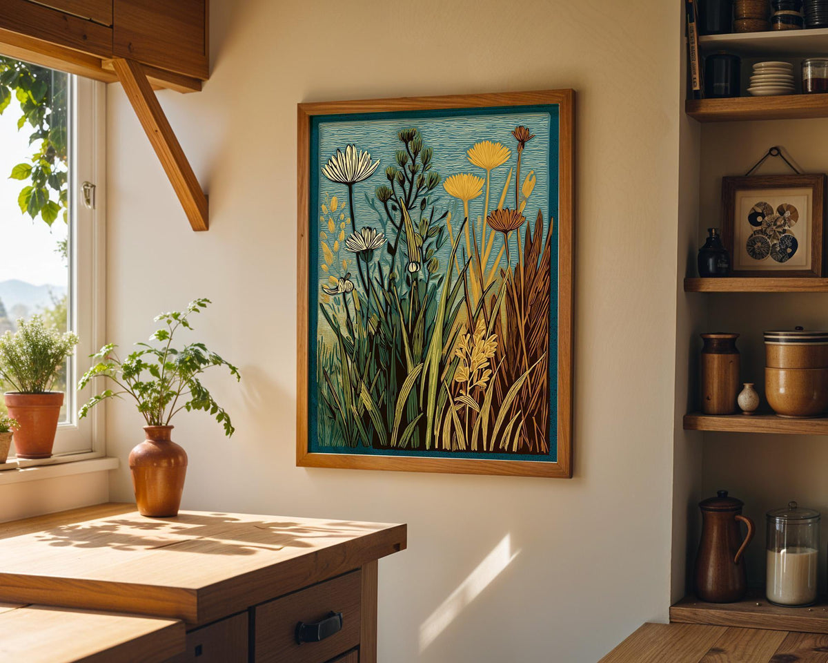 Wildflower Linocut Botanical Meadow Flower Rustic Floral Wall Art by The Wall Art Studio