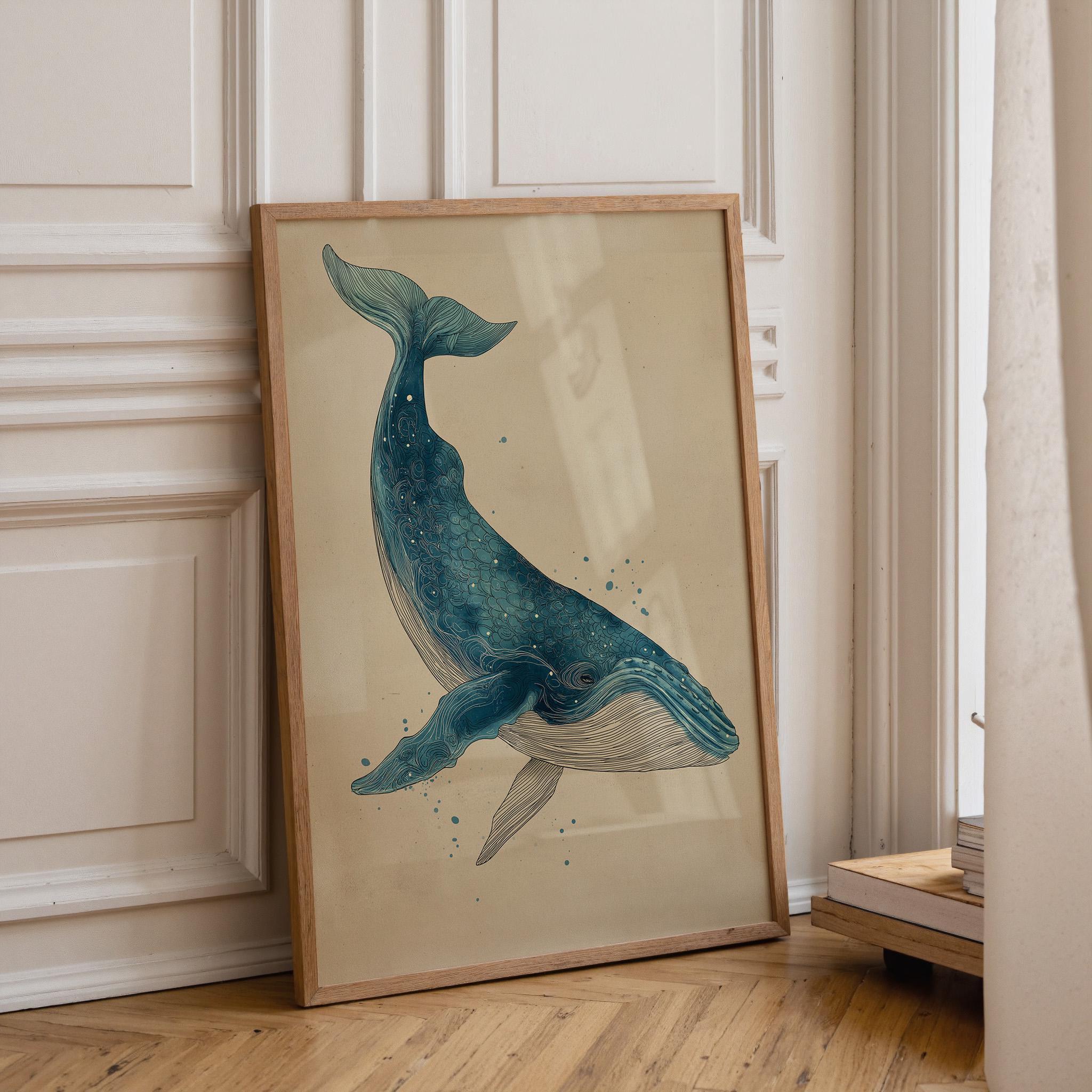 Vintage Whale Illustration Coastal Ocean  Minimalist Sea Life Wall Art