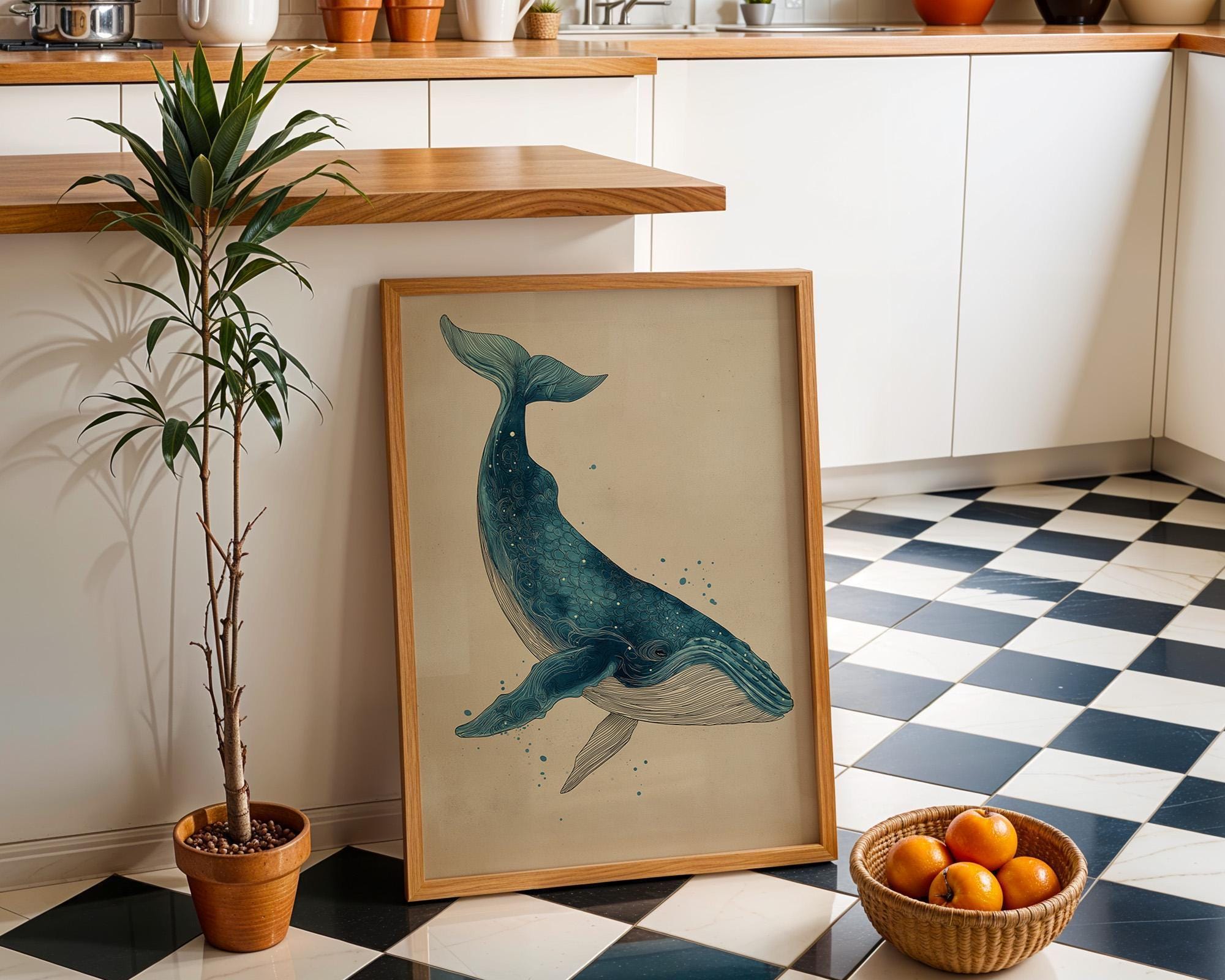 Vintage Whale Illustration Coastal Ocean  Minimalist Sea Life Wall Art