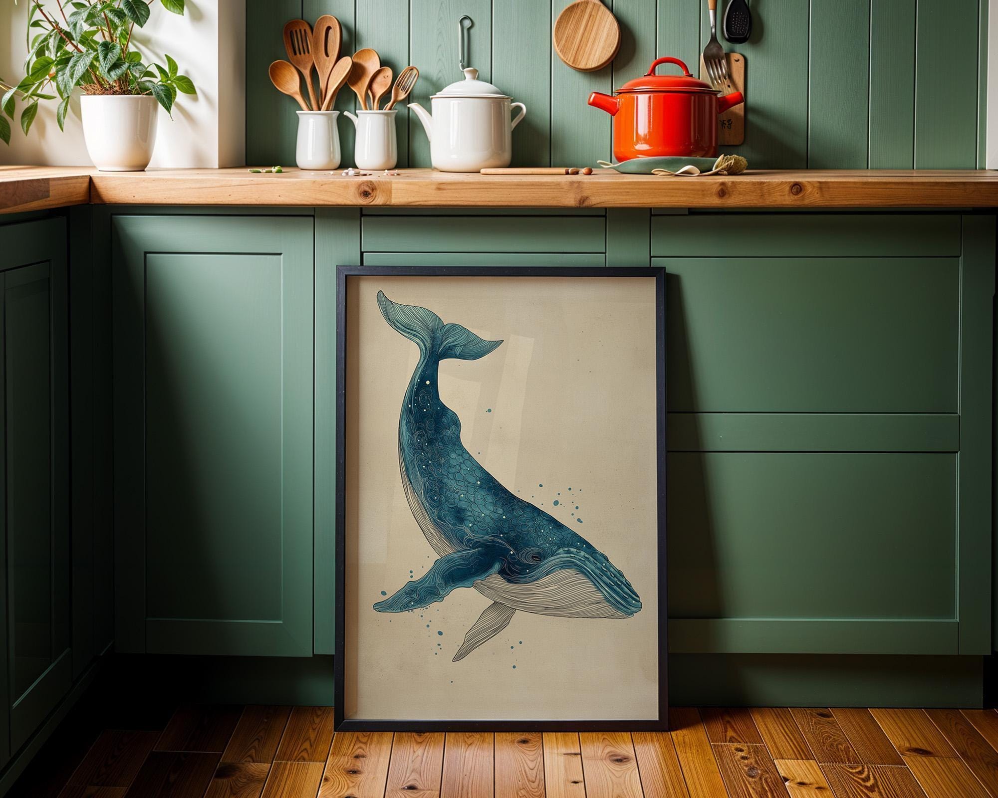 Vintage Whale Illustration Coastal Ocean  Minimalist Sea Life Wall Art