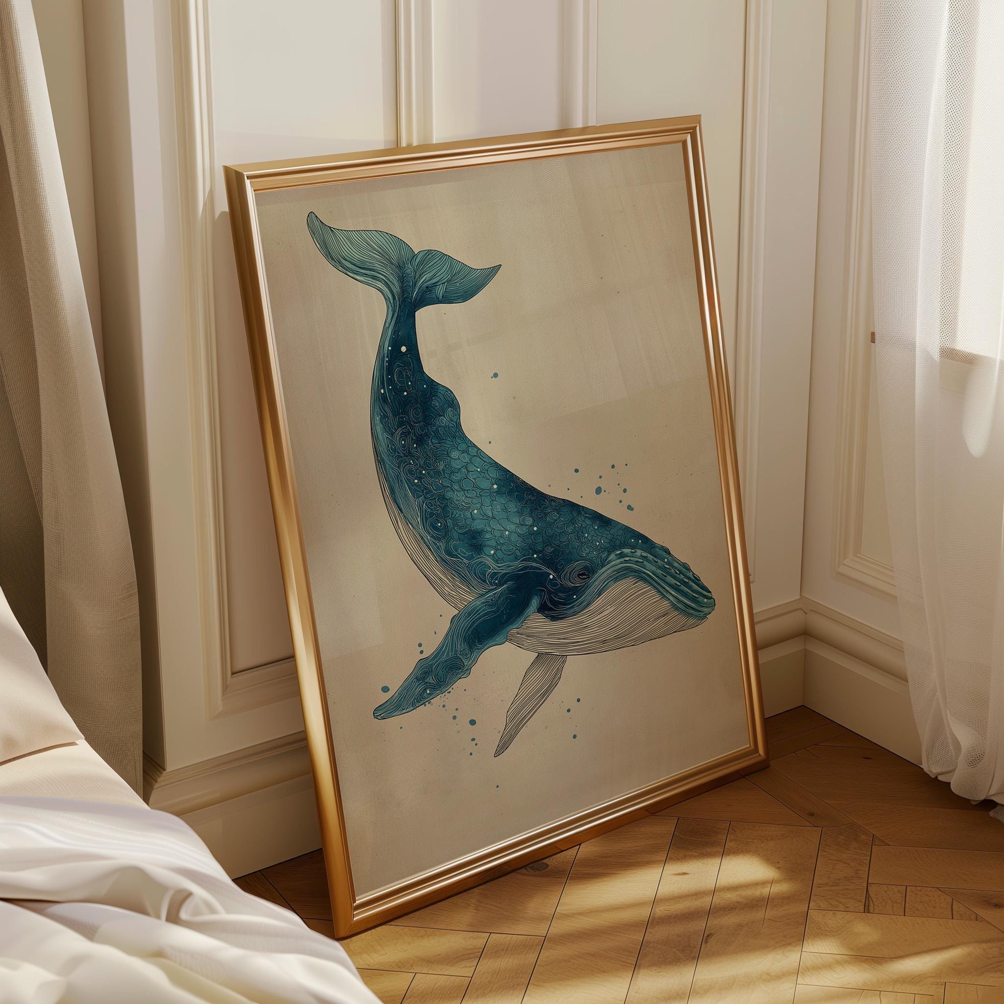 Vintage Whale Illustration Coastal Ocean  Minimalist Sea Life Wall Art