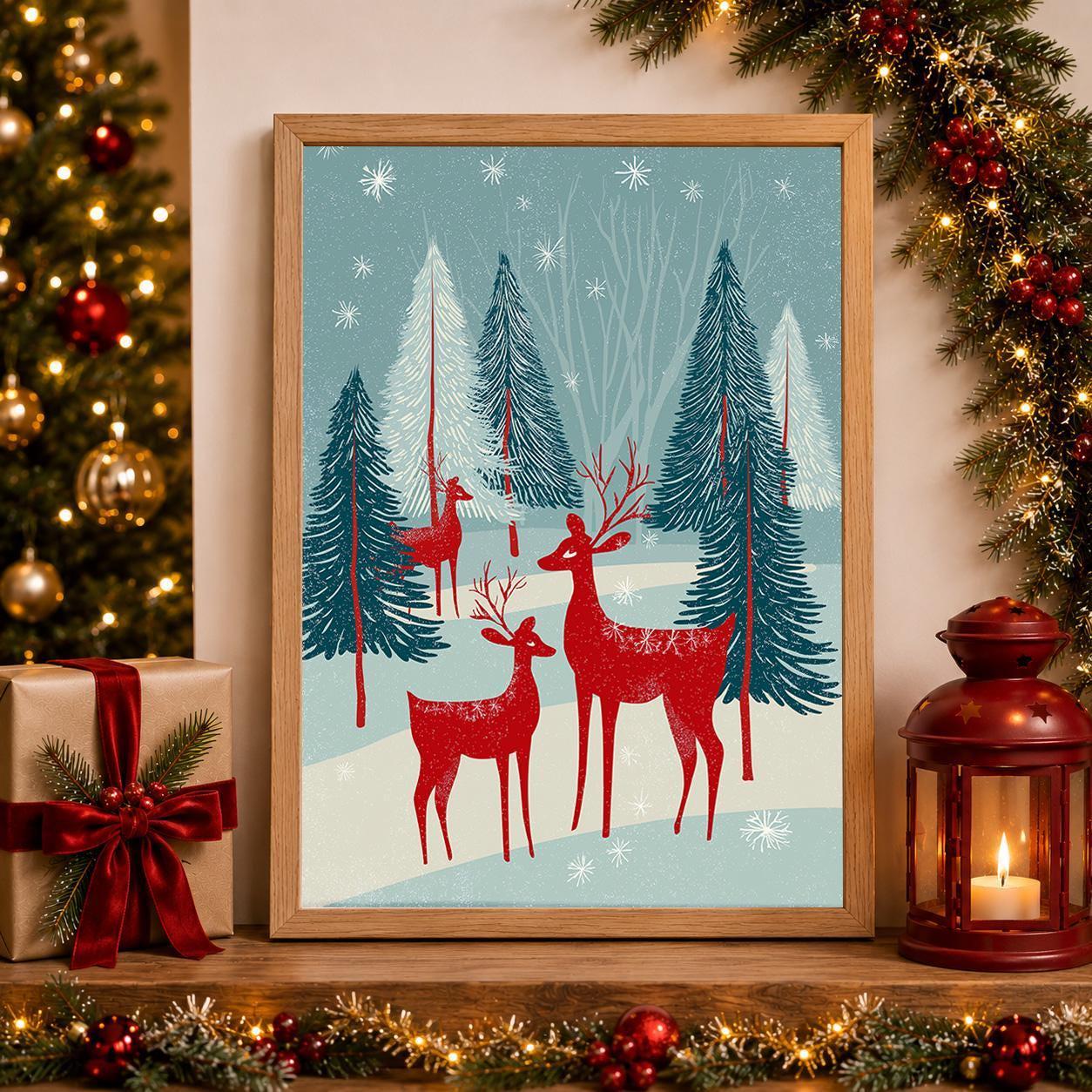 Scandinavian Christmas Nordic Winter Forest Folk Reindeer Wall Art by The Wall Art Studio