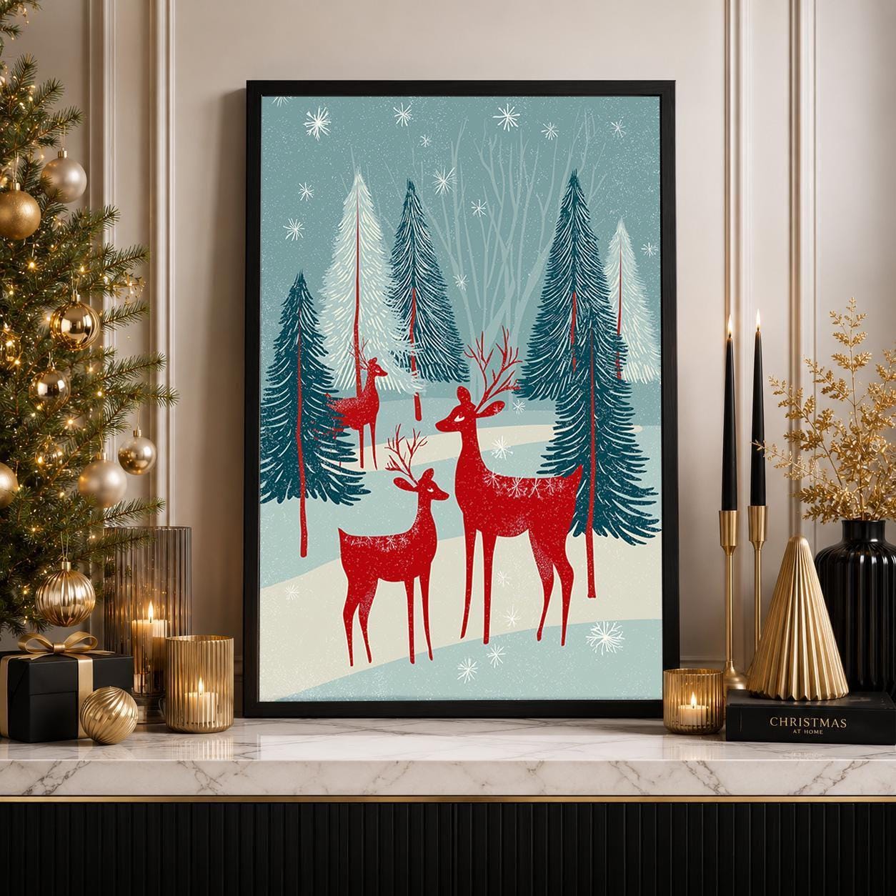 Scandinavian Christmas Nordic Winter Forest Folk Reindeer Wall Art by The Wall Art Studio
