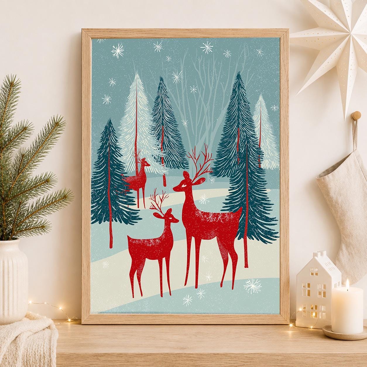 Scandinavian Christmas Nordic Winter Forest Folk Reindeer Wall Art by The Wall Art Studio