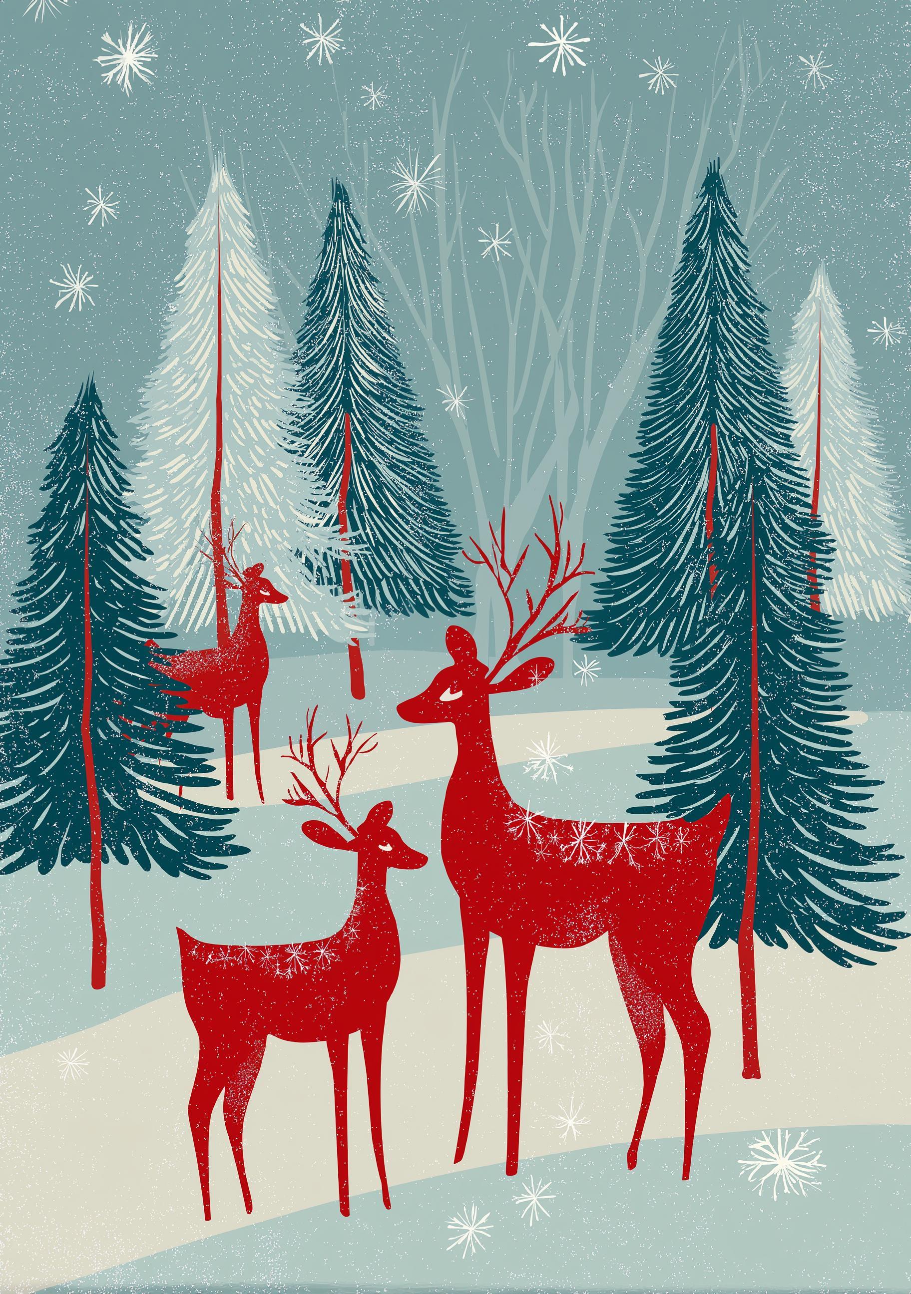 Scandinavian Christmas Nordic Winter Forest Folk Reindeer Wall Art by The Wall Art Studio