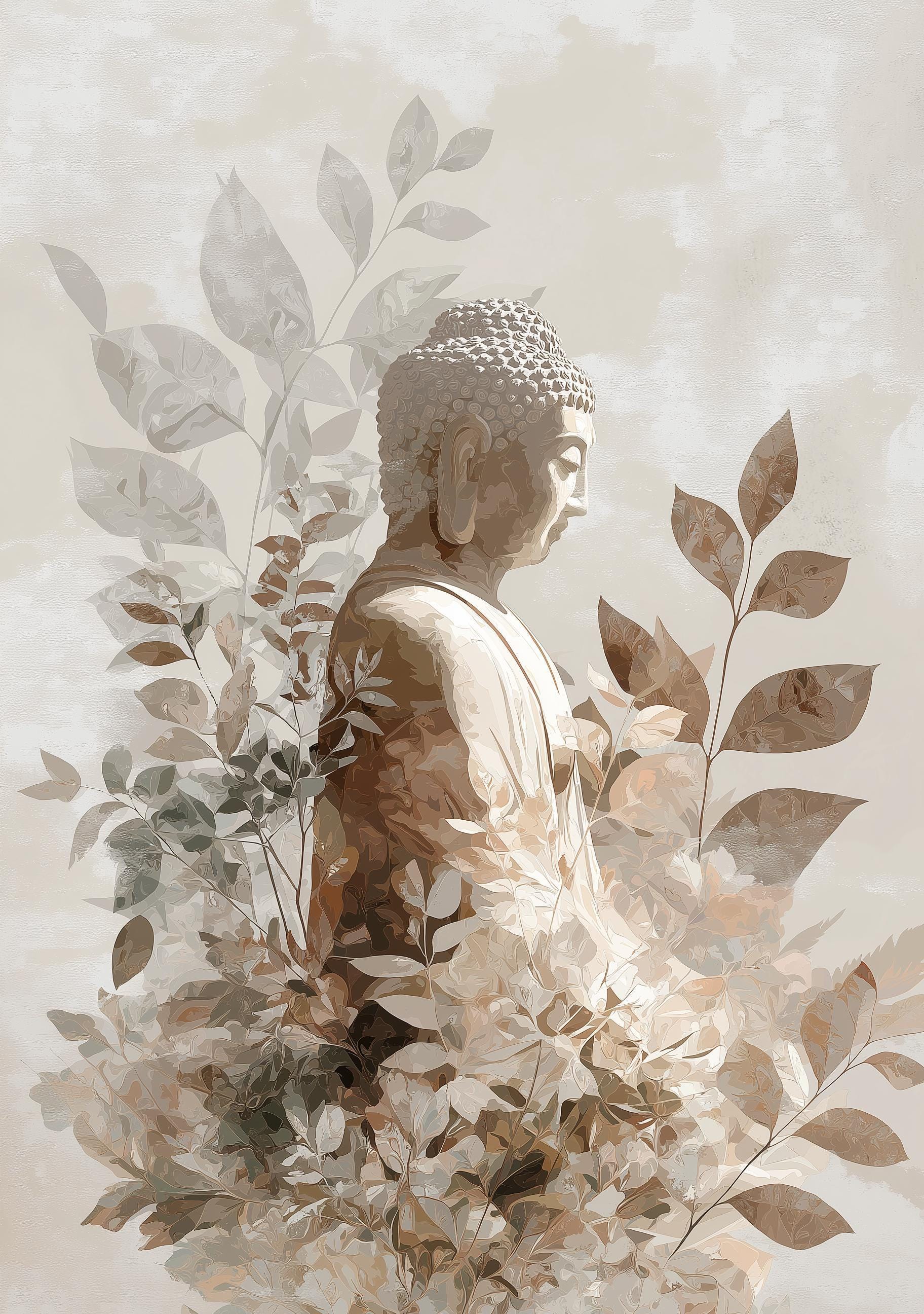 Buddha Wall Art Print, Botanical Buddhist, Calm Meditation Décor, Neutral Spiritual Home Art