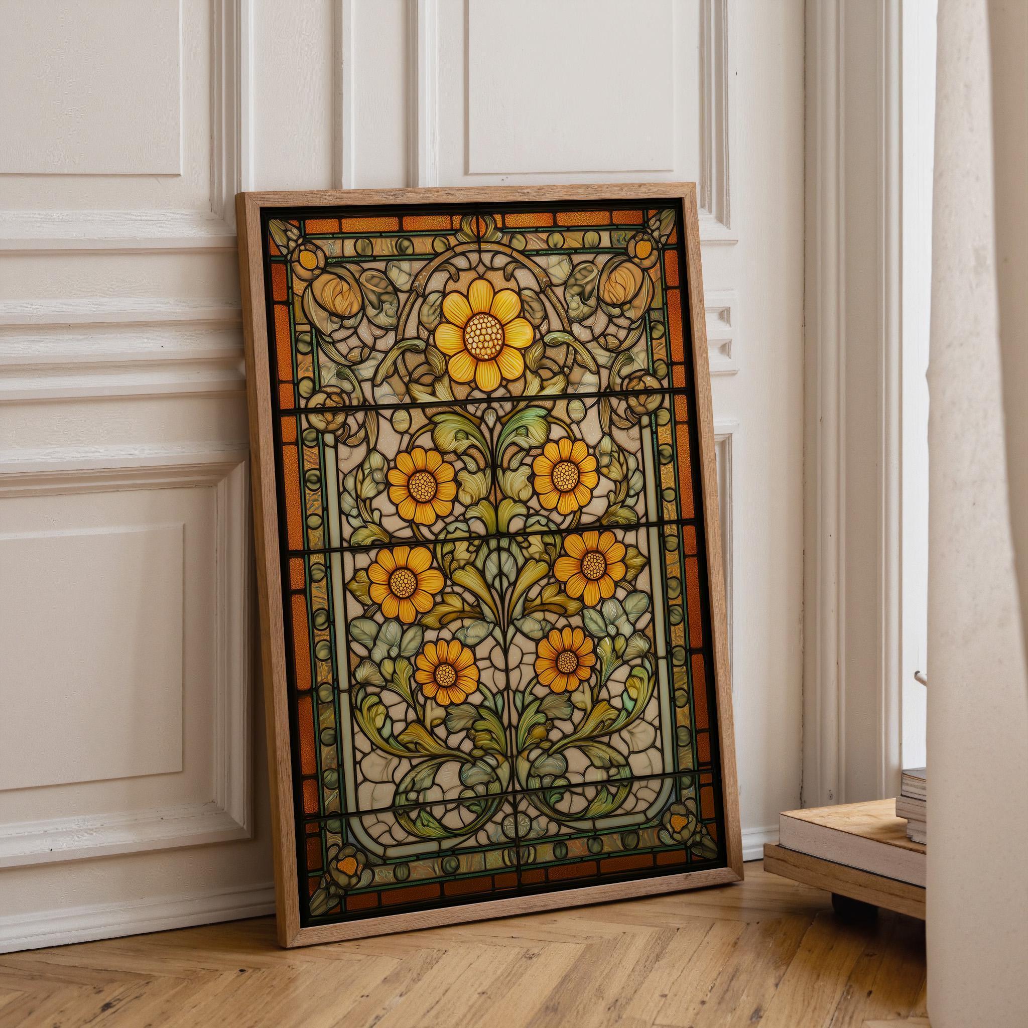 Stained Glass Sunflower Bright Floral Art Nouveau Botanical Wall Art