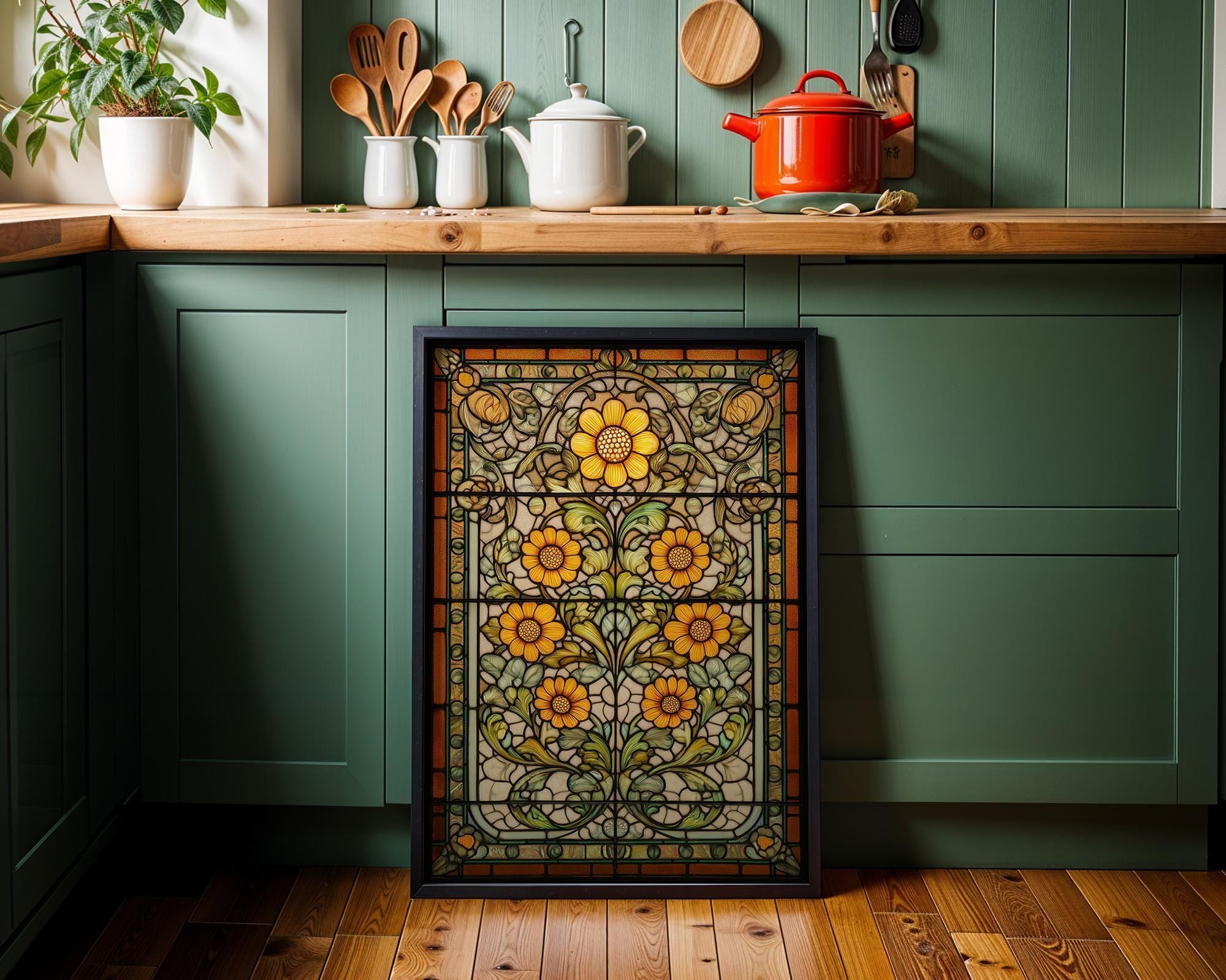 Stained Glass Sunflower Bright Floral Art Nouveau Botanical Wall Art