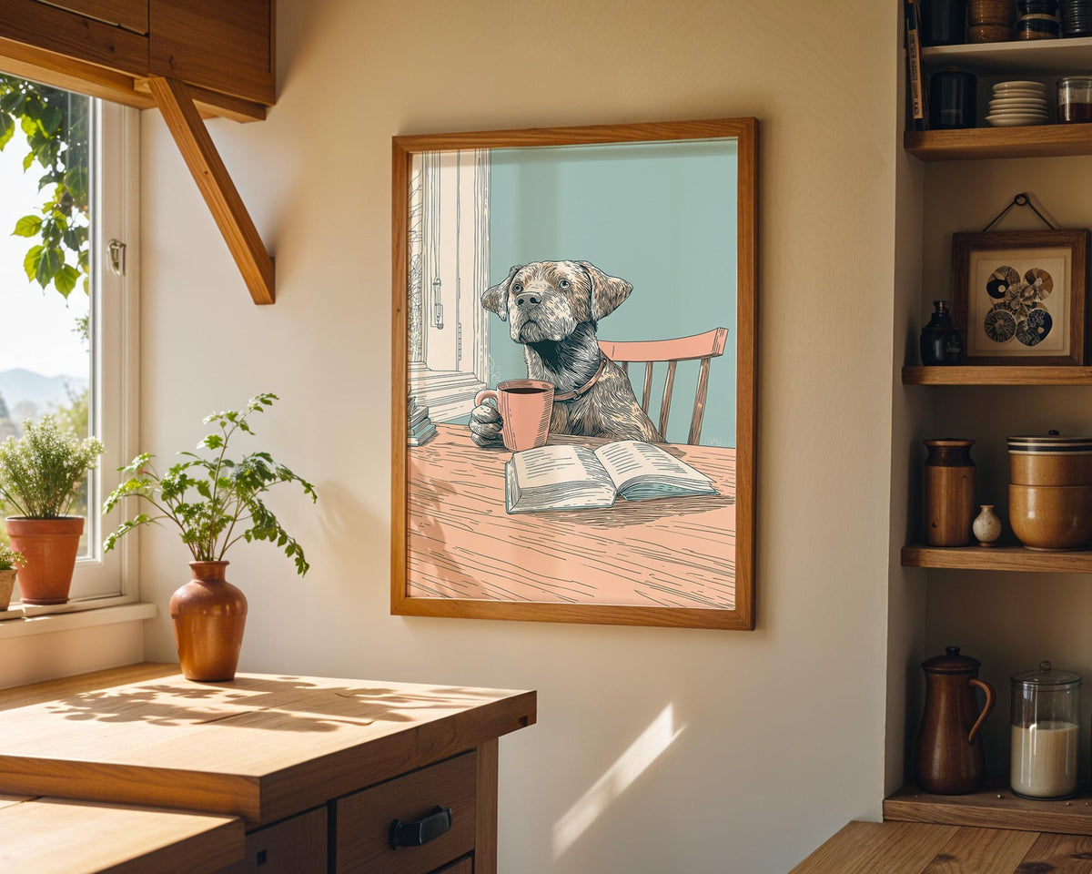 Dog Reading with Coffee Book Lover Wall Art by The Wall Art Studio