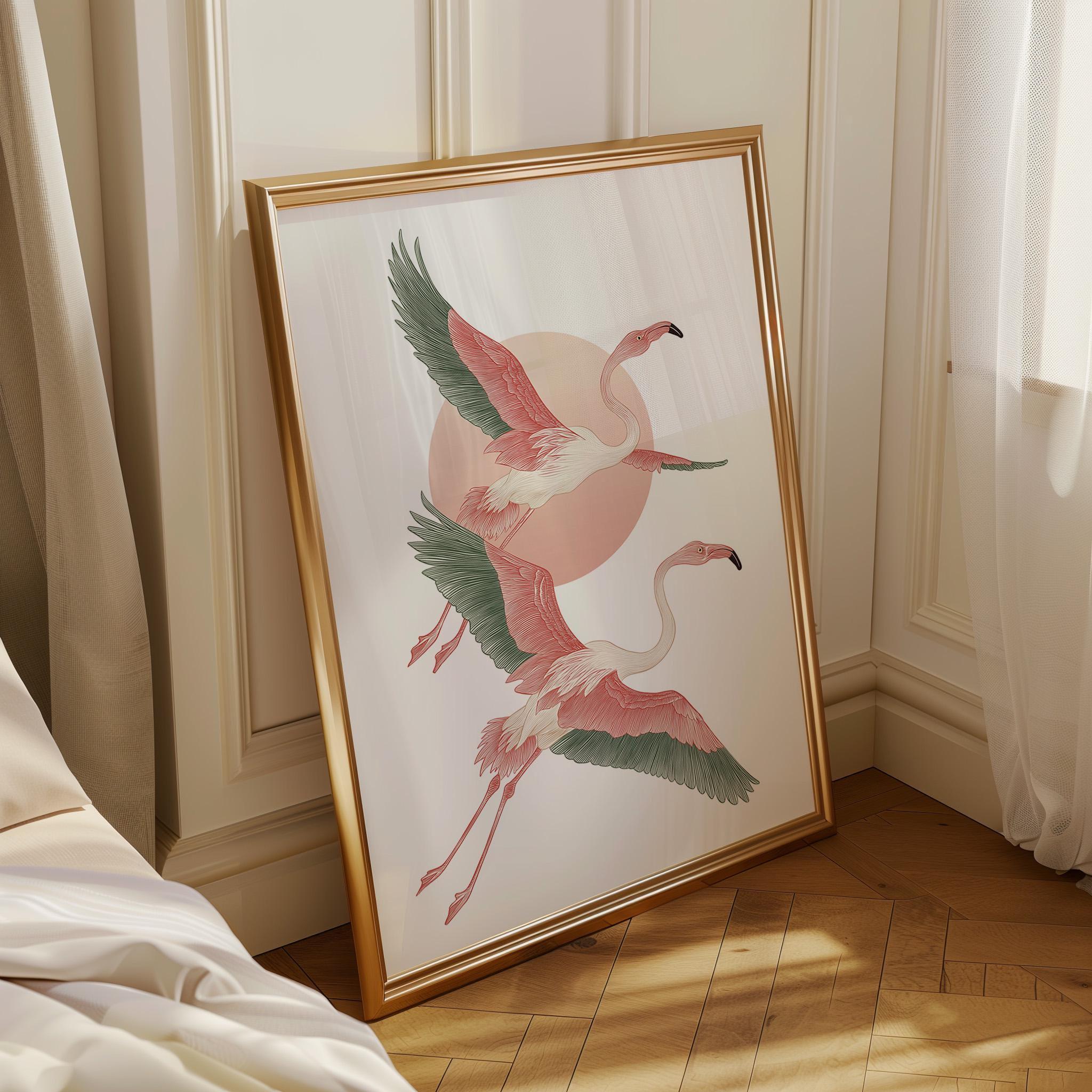 Japanese Style Flamingo Japandi Pink Mid Century Modern Wall Art by The Wall Art Studio