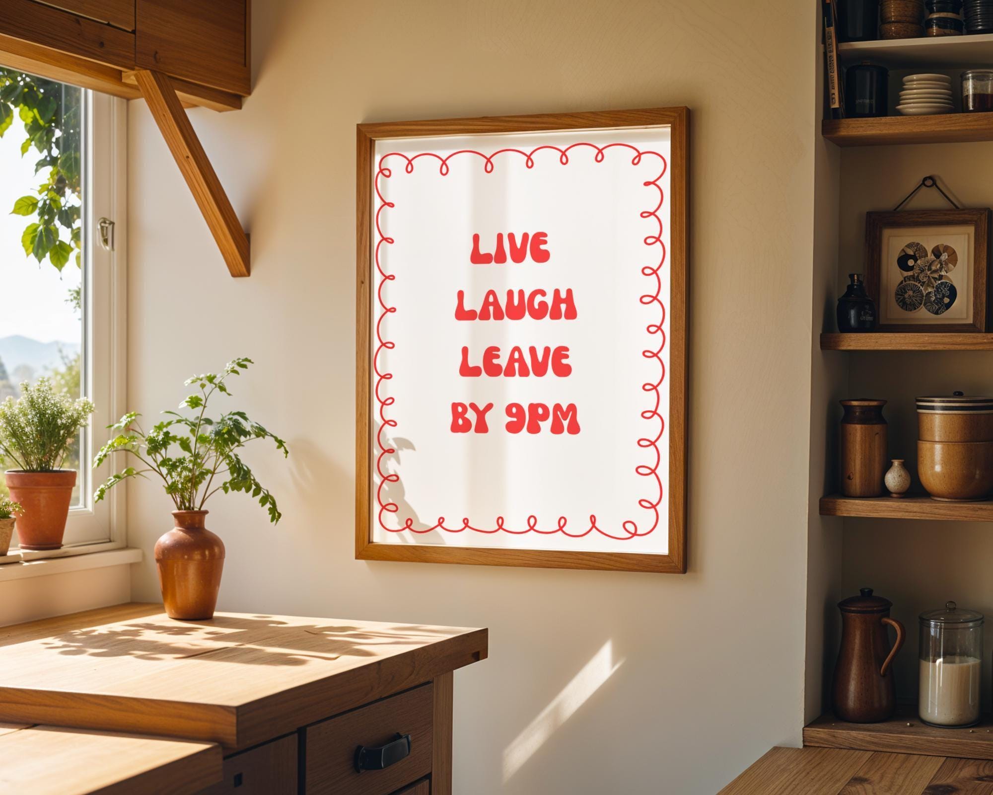 Red “Live Laugh Leave by 9PM” Quote Wall Art by The Wall Art Studio