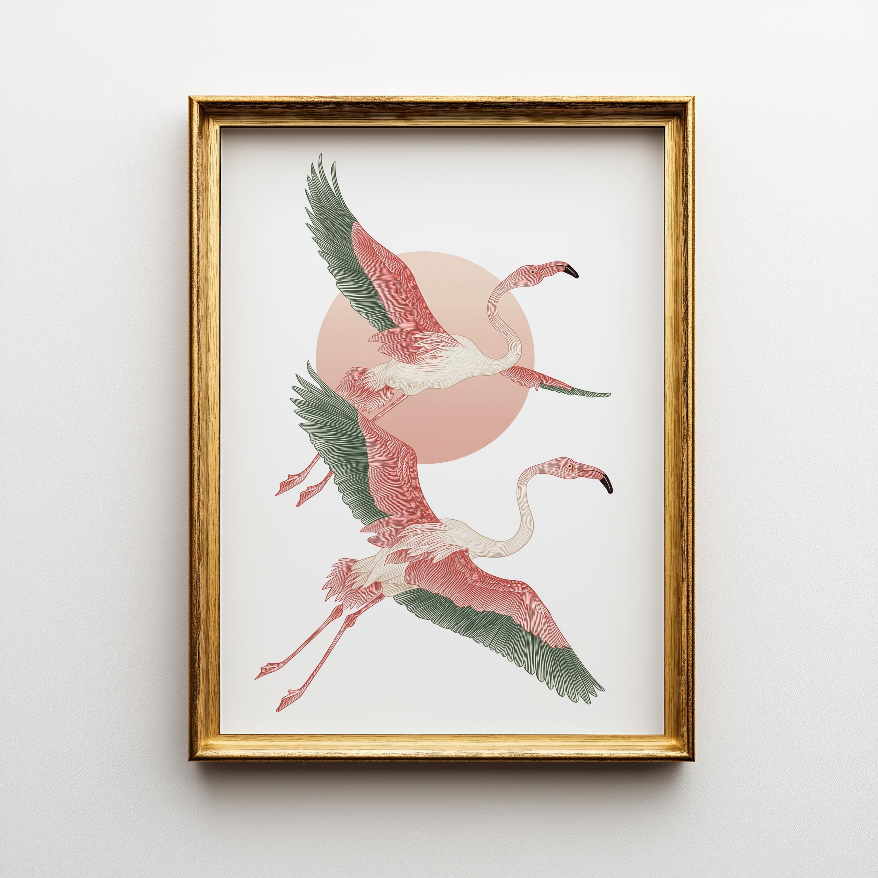 Japanese Style Flamingo Japandi Pink Mid Century Modern Wall Art by The Wall Art Studio