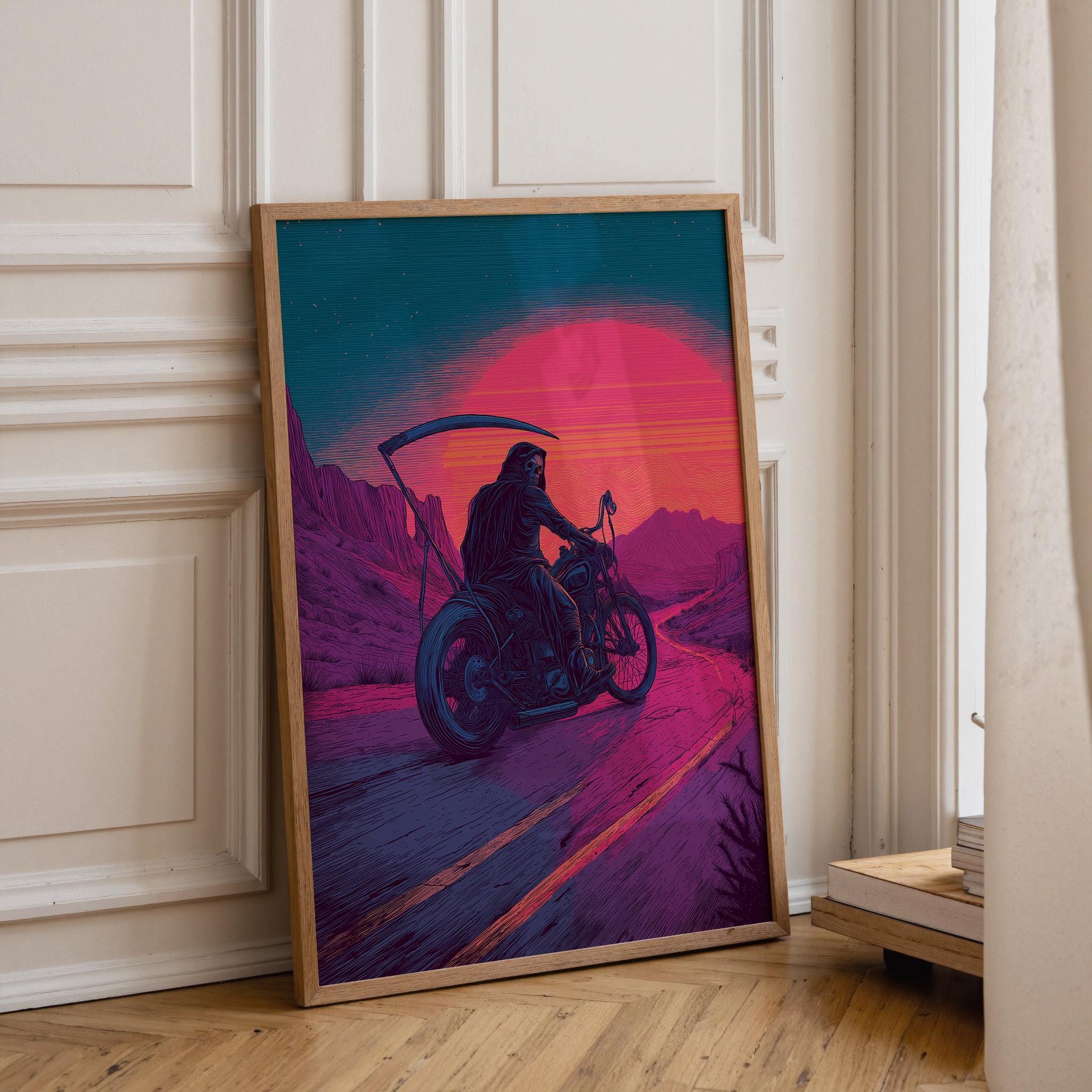 Neon Retro Synthwave Grim Reaper Motorcycle Wall Art by The Wall Art Studio