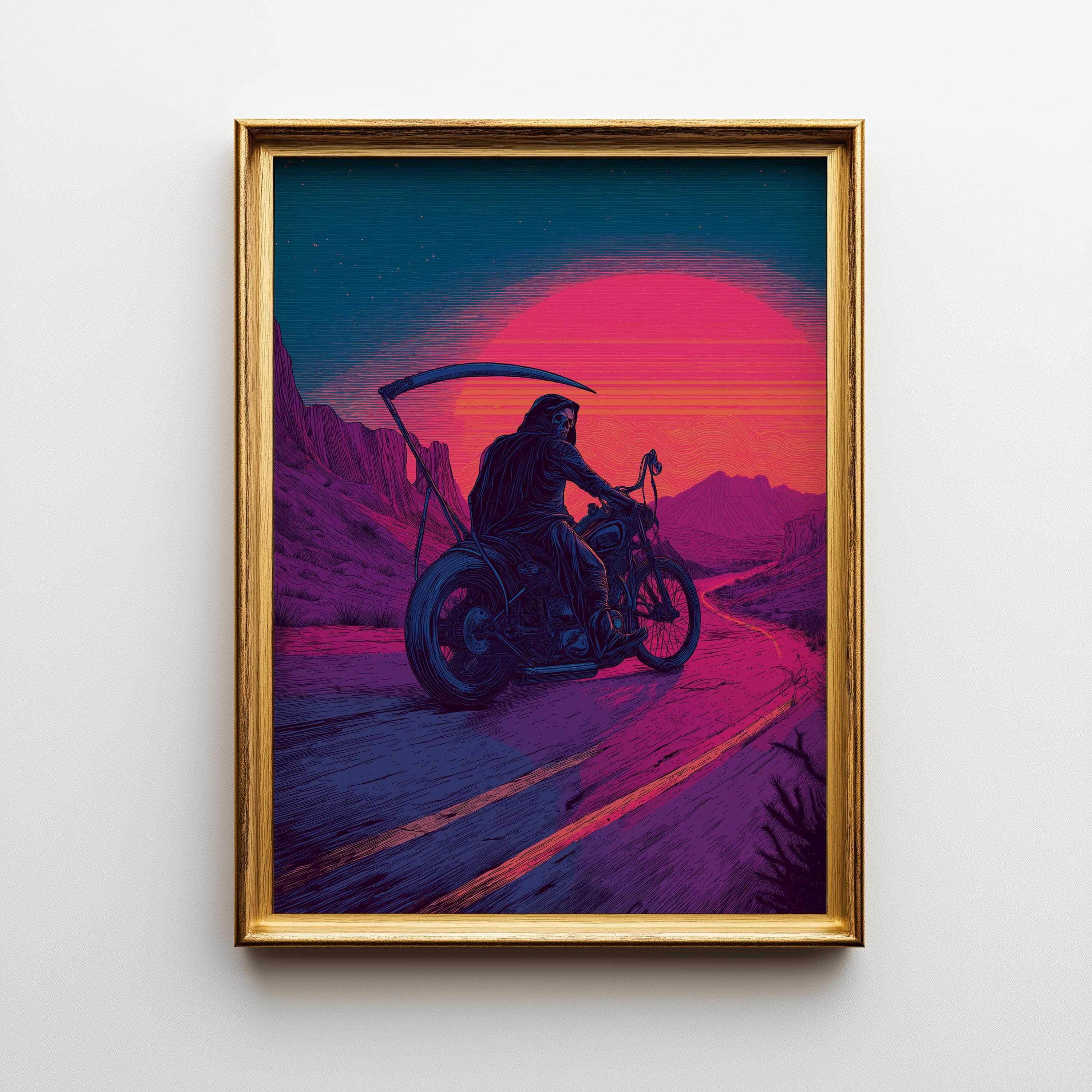 Neon Retro Synthwave Grim Reaper Motorcycle Wall Art by The Wall Art Studio