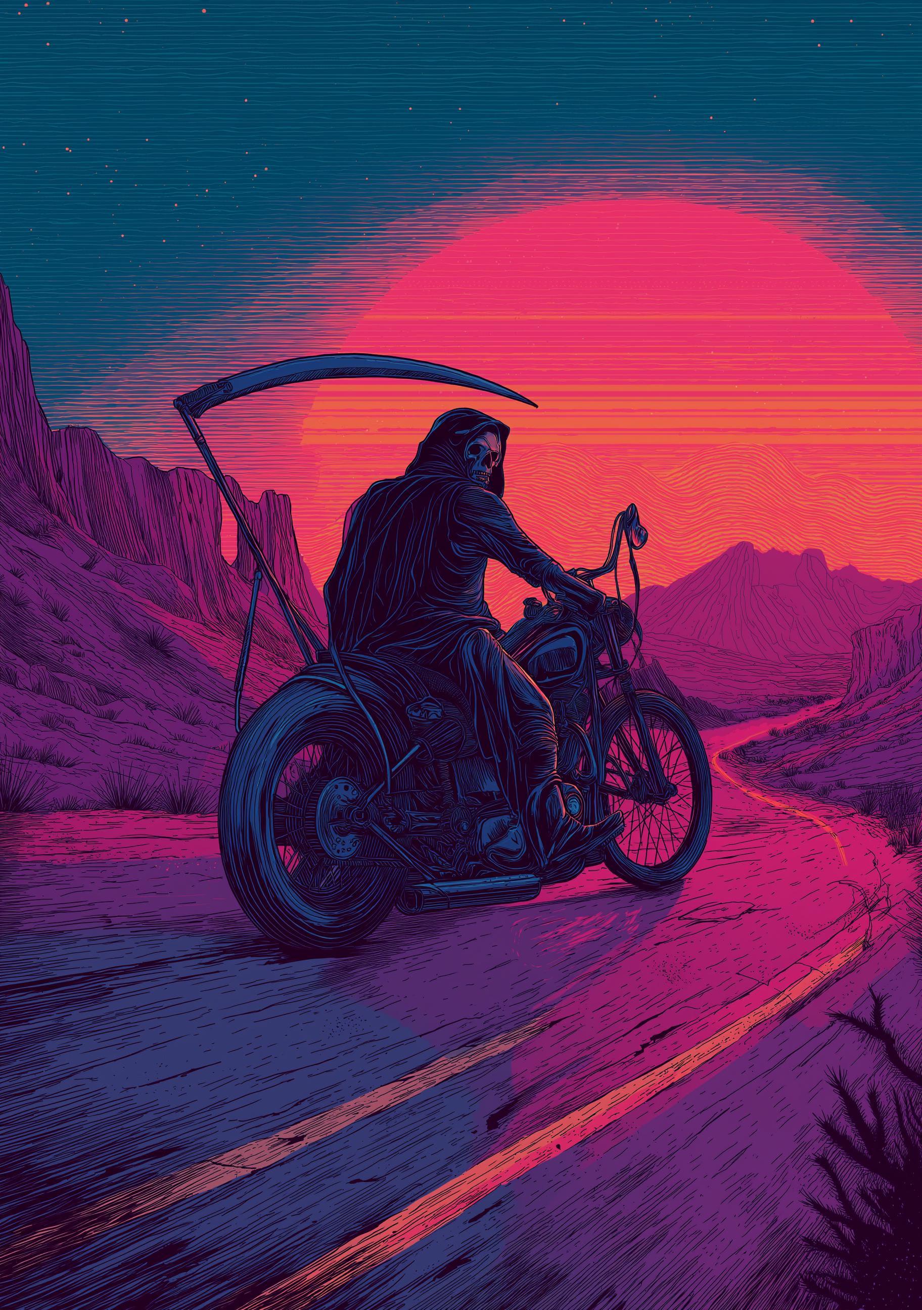 Neon Retro Synthwave Grim Reaper Motorcycle Wall Art by The Wall Art Studio