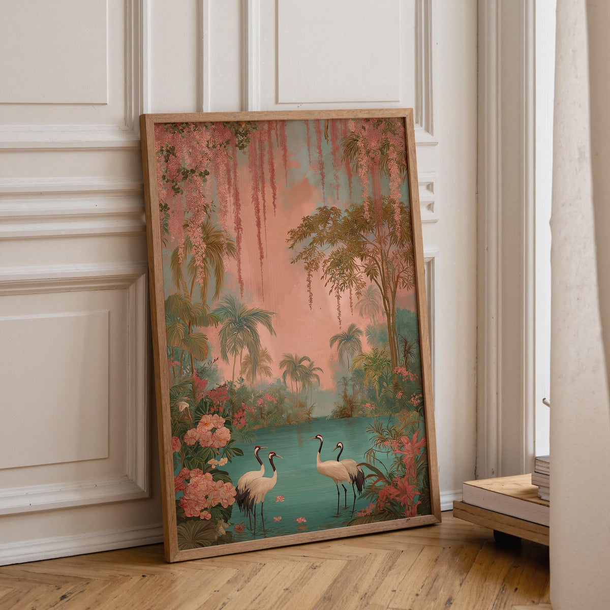 Chinoiserie Crane Tropical Palm Vintage Asian Bird Oriental Decor