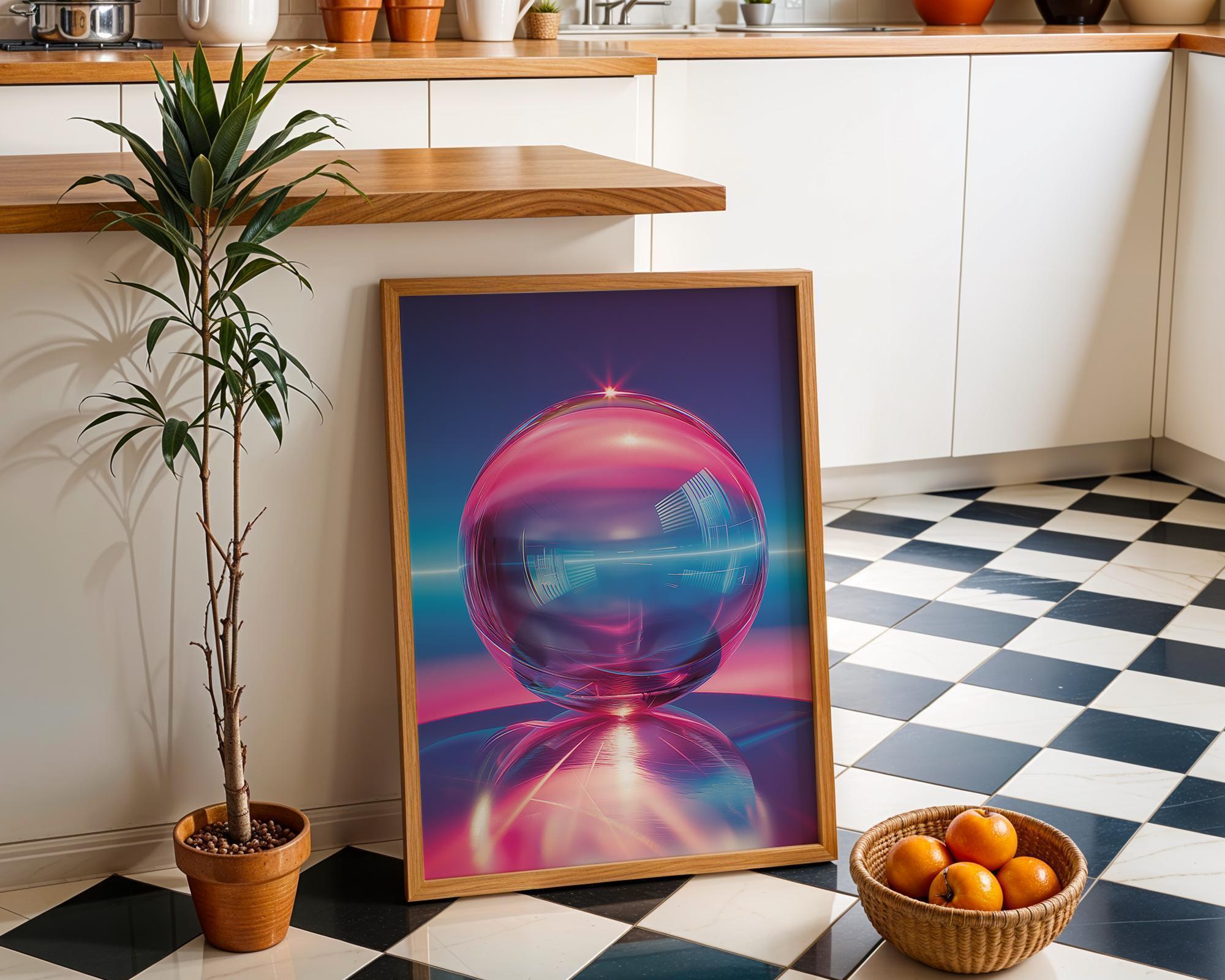 1980s Retro Futuristic Neon Synthwave Chrome Sphere Cyberpunk Wall Art by The Wall Art Studio