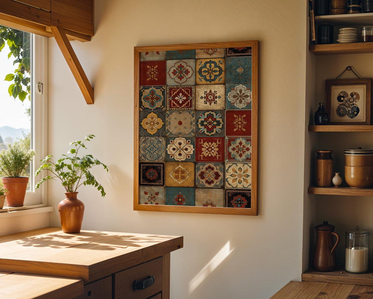 Moroccan Patchwork Tile Vintage Mosaic Pattern Wall Art by The Wall Art Studio