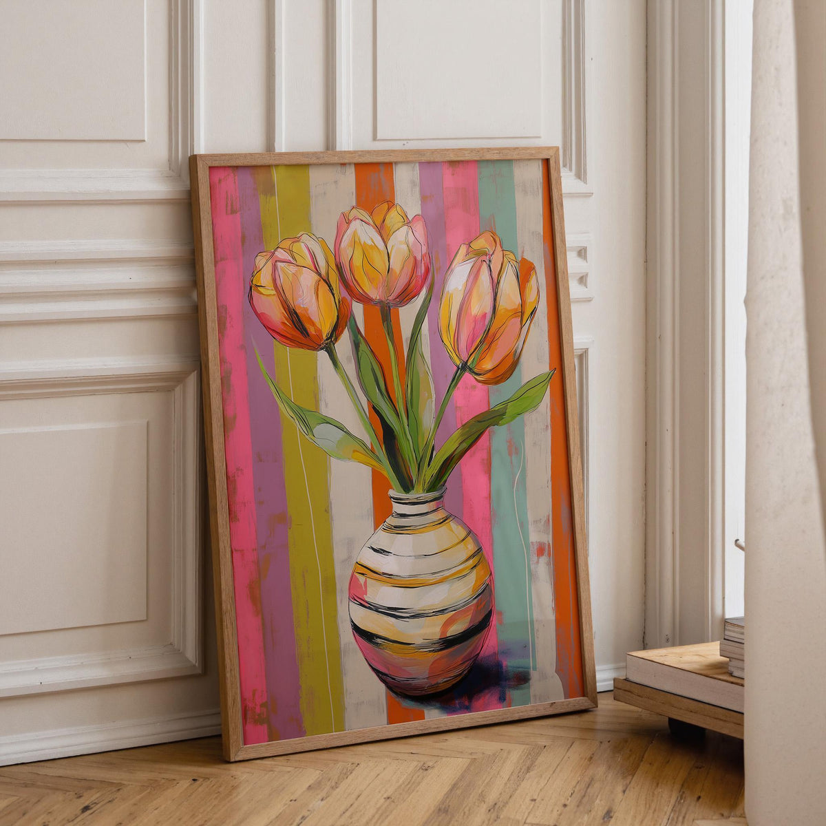 Colorful Tulip Bouquet Pink & Orange Floral Bright Abstract Wall Art by The Wall Art Studio