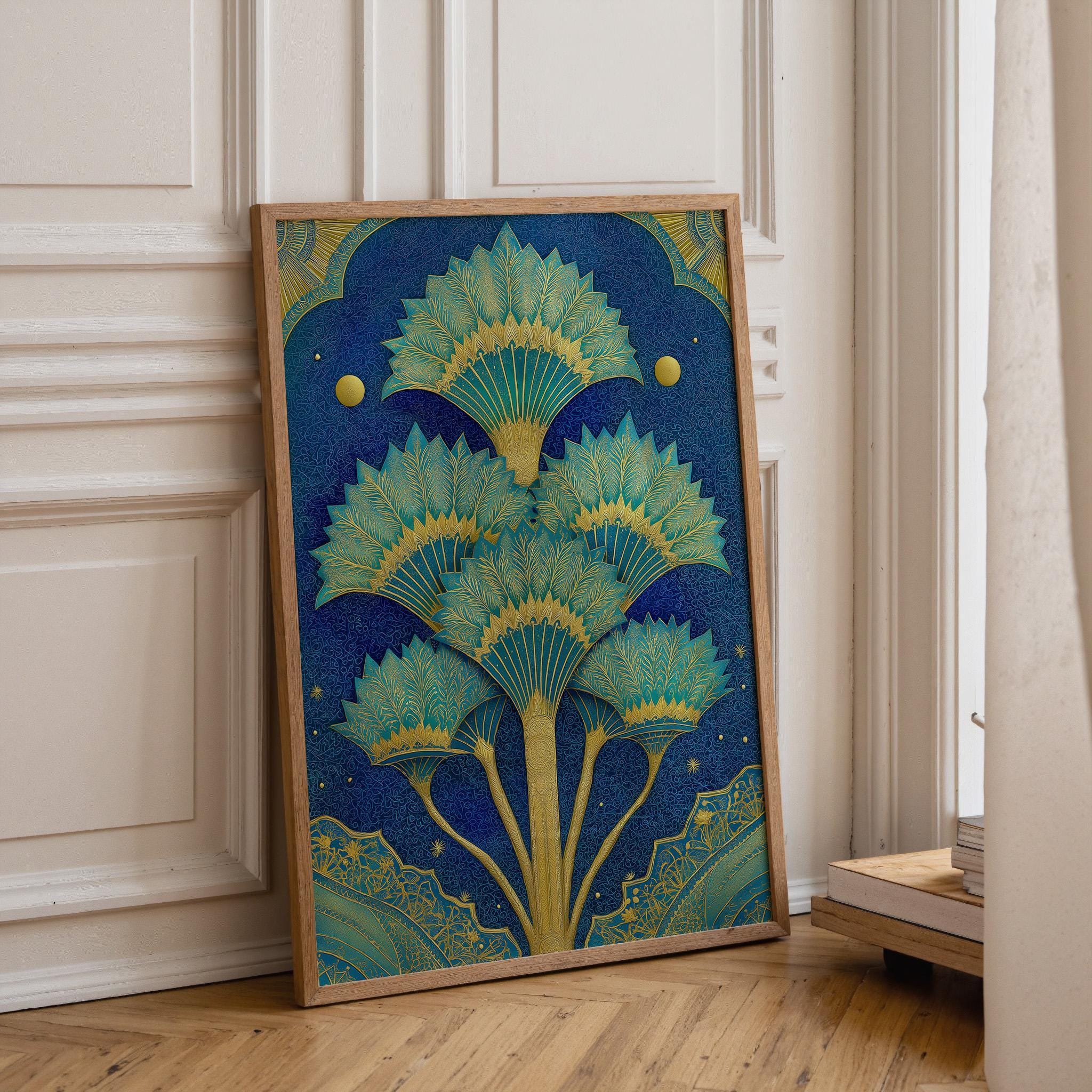 Islamic Palm Tree Blue & Gold Moroccan Boho Wall Art by The Wall Art Studio