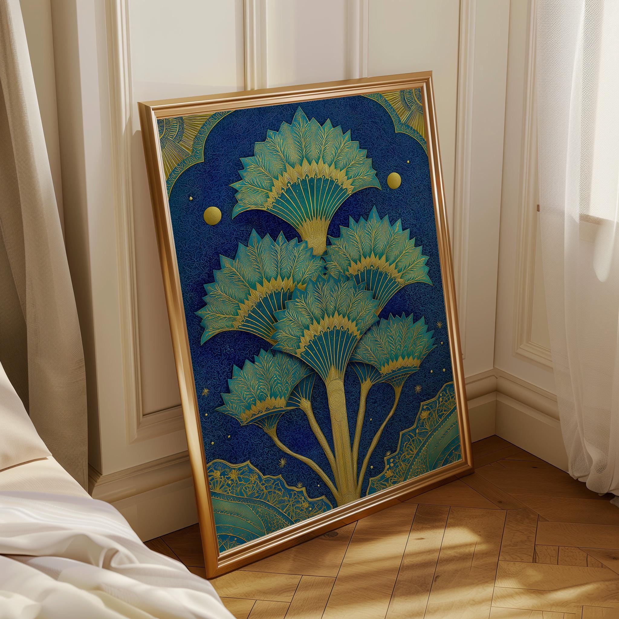 Islamic Palm Tree Blue & Gold Moroccan Boho Wall Art by The Wall Art Studio
