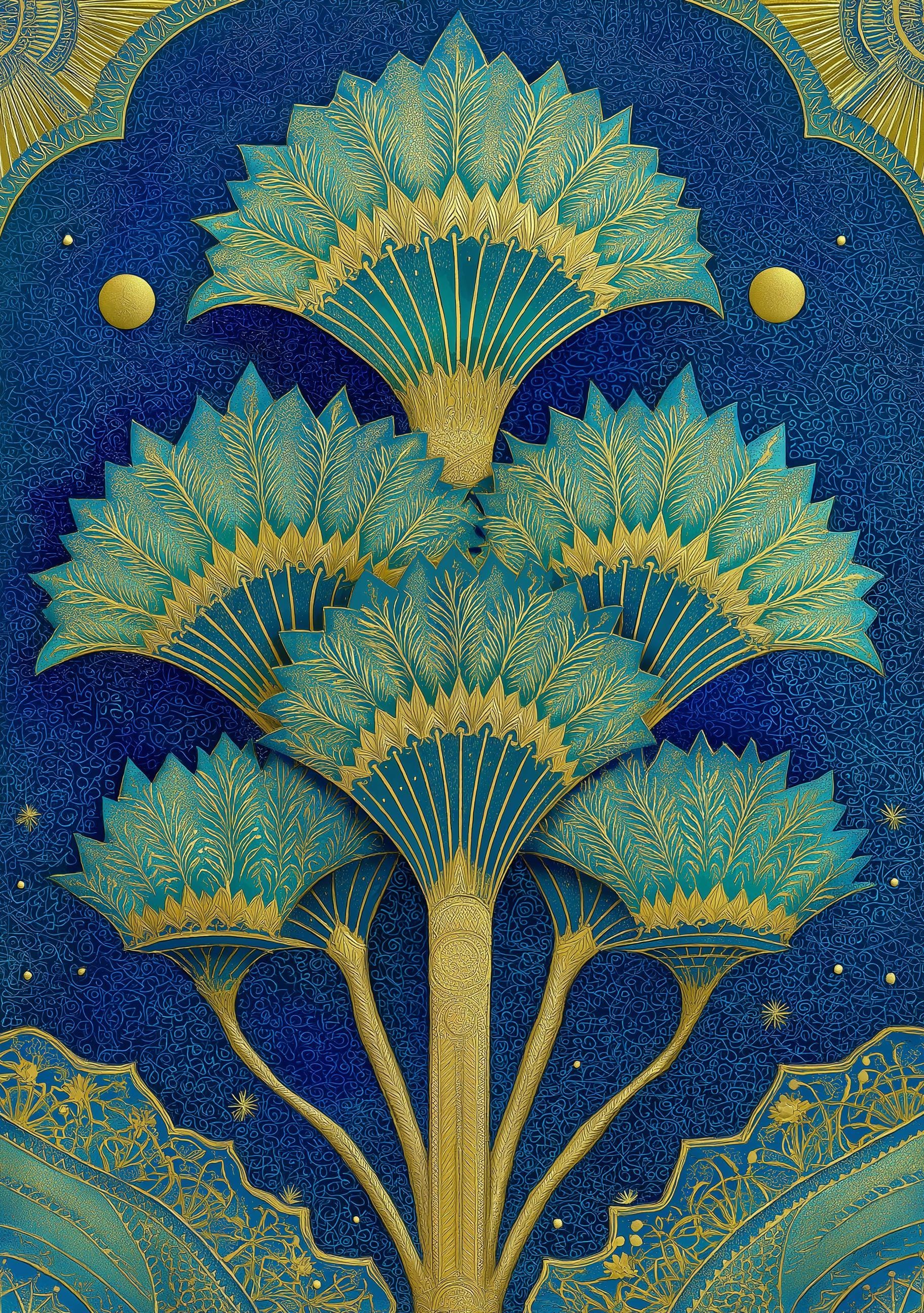 Islamic Palm Tree Blue & Gold Moroccan Boho Wall Art by The Wall Art Studio