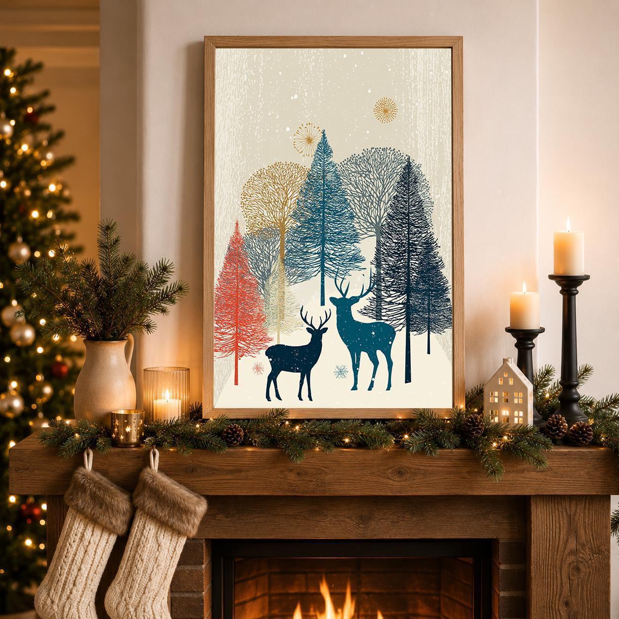 Scandinavian Christmas Nordic Winter Forest Reindeer Wall Art by The Wall Art Studio