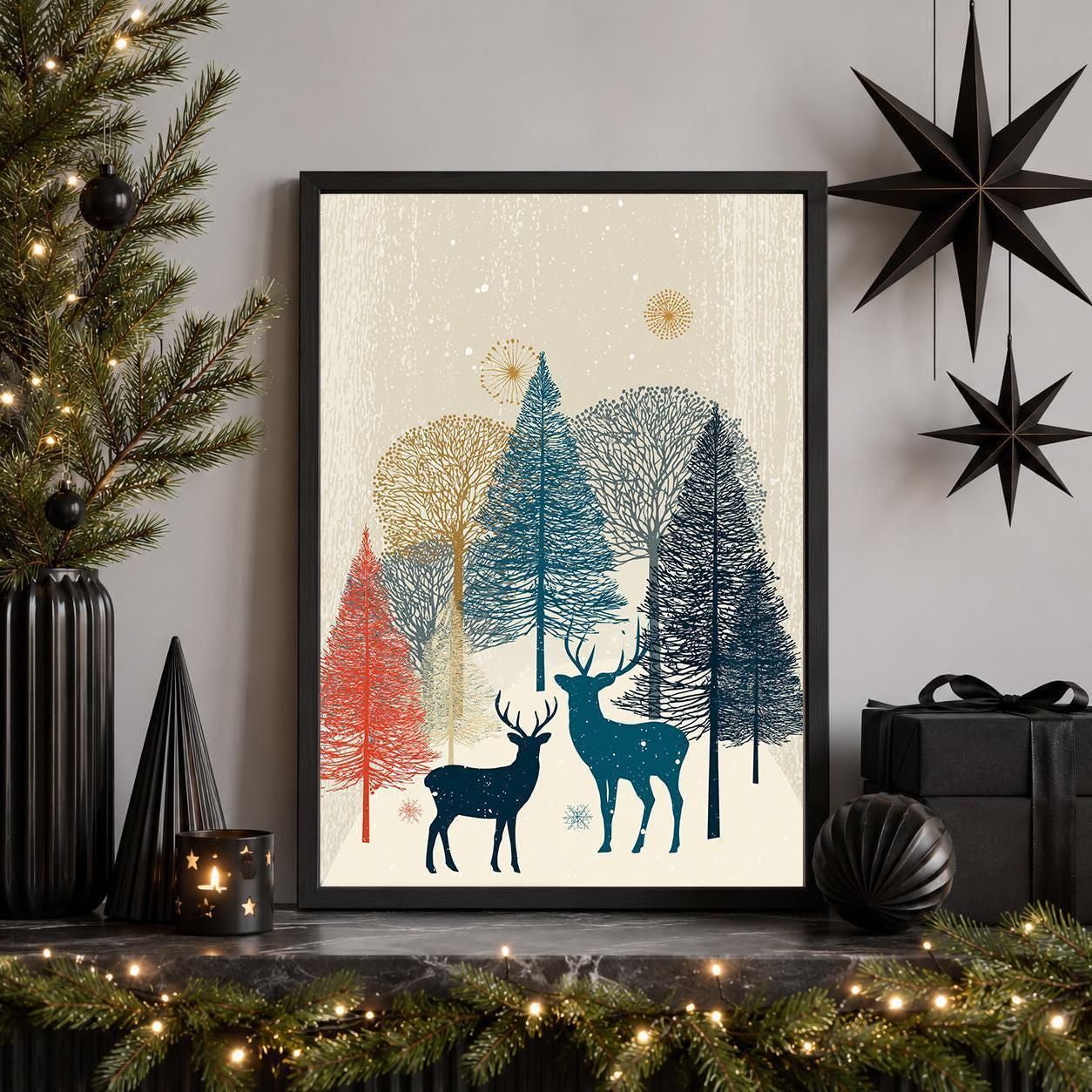 Scandinavian Christmas Nordic Winter Forest Reindeer Wall Art by The Wall Art Studio