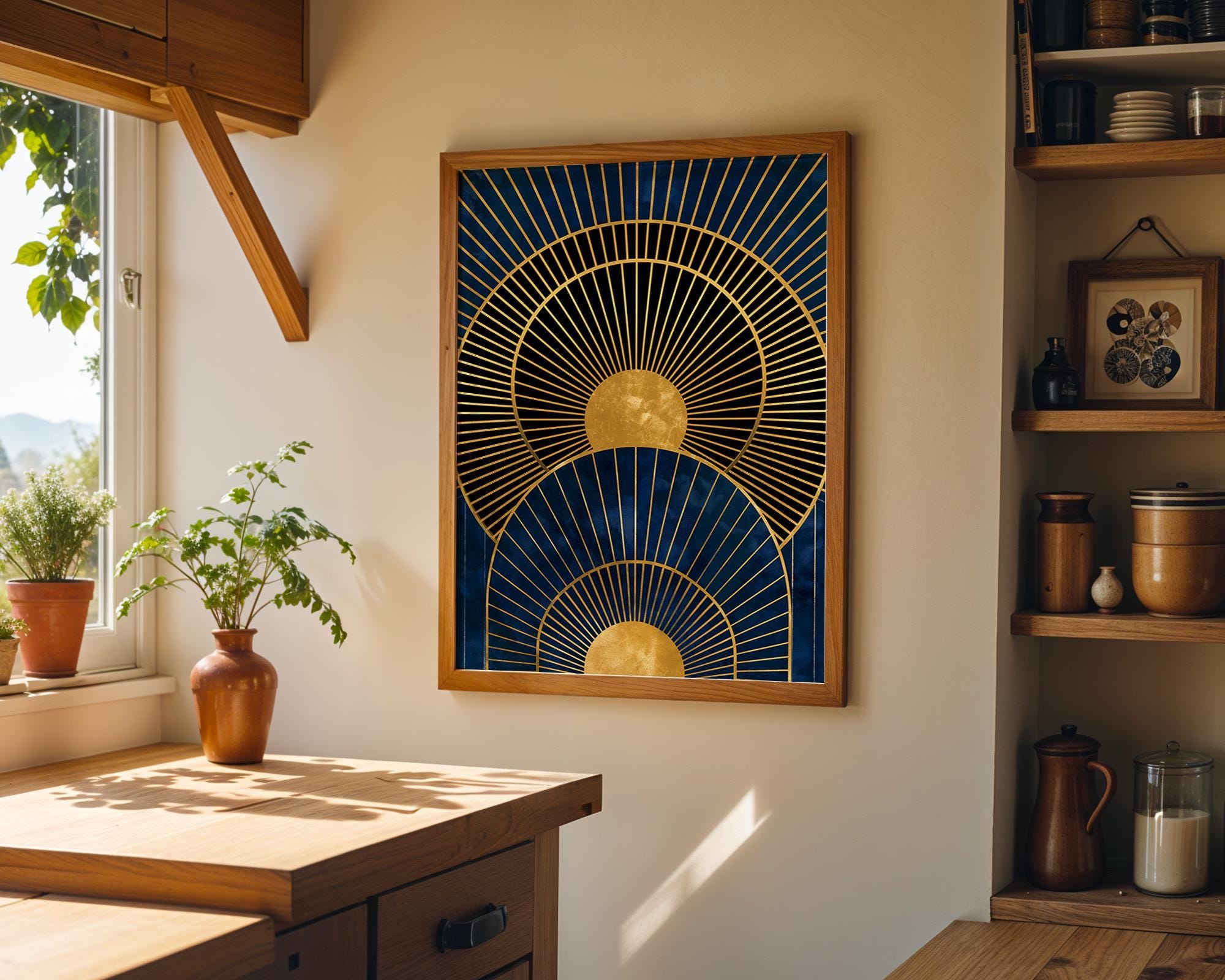 Navy Blue & Gold Geometric Sunburst Luxury Abstract Wall Art by The Wall Art Studio