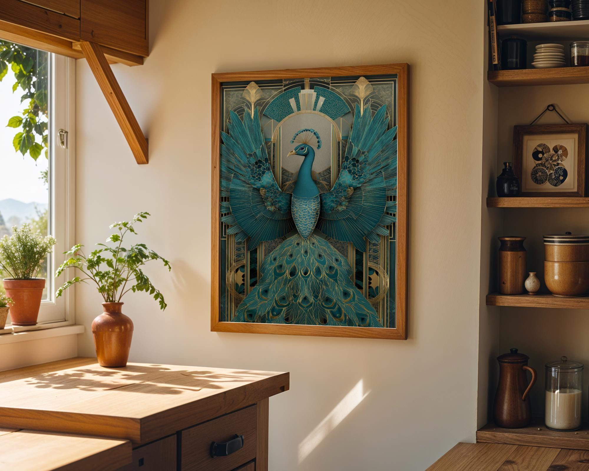 Art Deco Peacock Teal Gold Geometric Wall Art