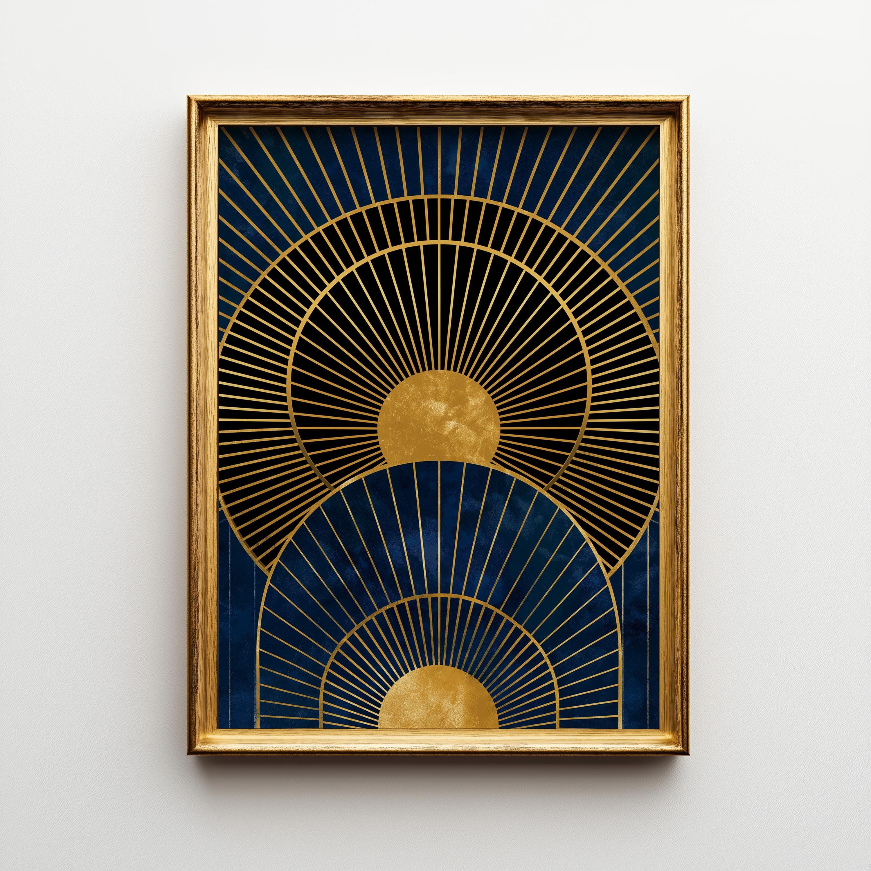 Navy Blue & Gold Geometric Sunburst Luxury Abstract Wall Art by The Wall Art Studio
