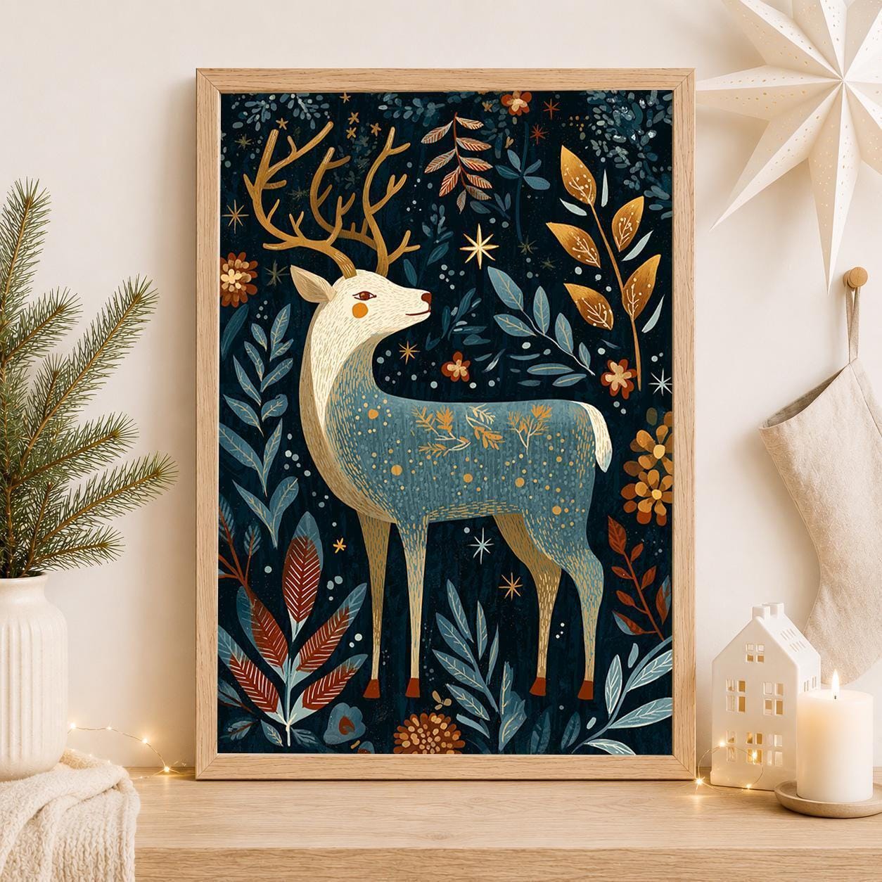 Scandinavian Reindeer Christmas Nordic Folk Reindeer Wall Art by The Wall Art Studio