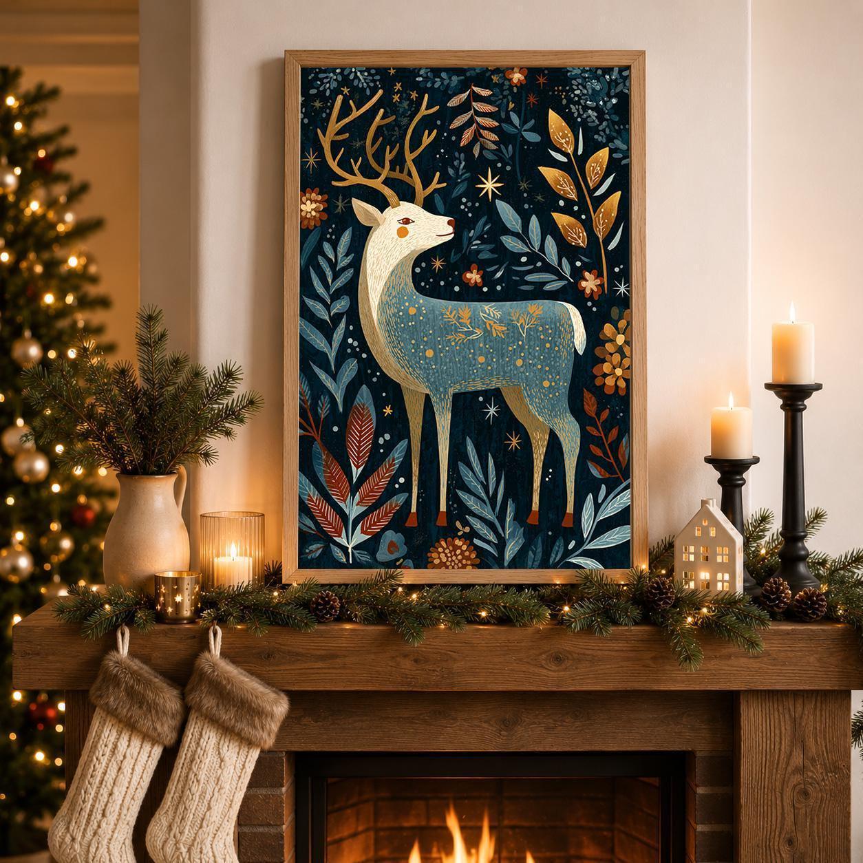 Scandinavian Reindeer Christmas Nordic Folk Reindeer Wall Art by The Wall Art Studio