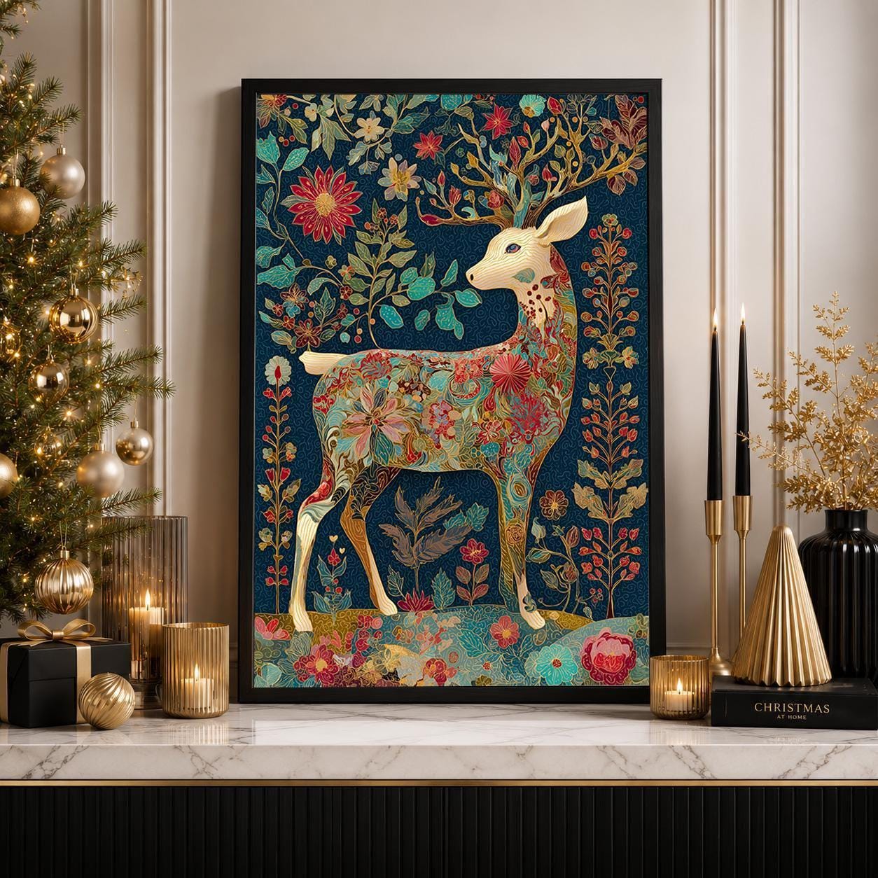 Floral Deer Christmas Scandinavian Botanical Reindeer Wall Art by The Wall Art Studio