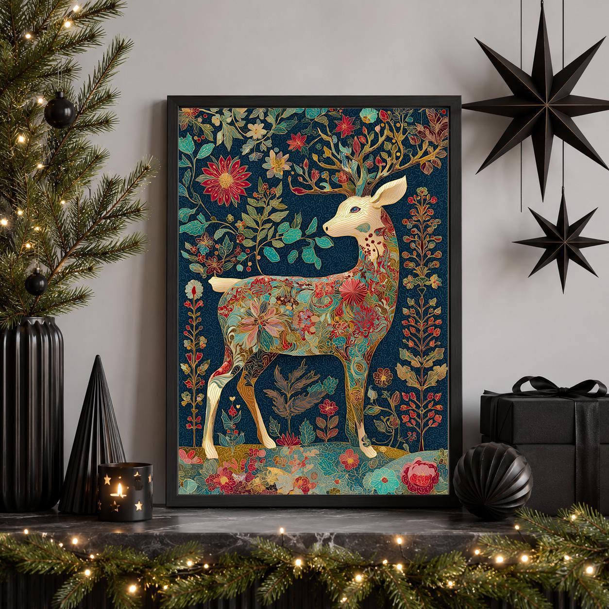 Floral Deer Christmas Scandinavian Botanical Reindeer Wall Art by The Wall Art Studio