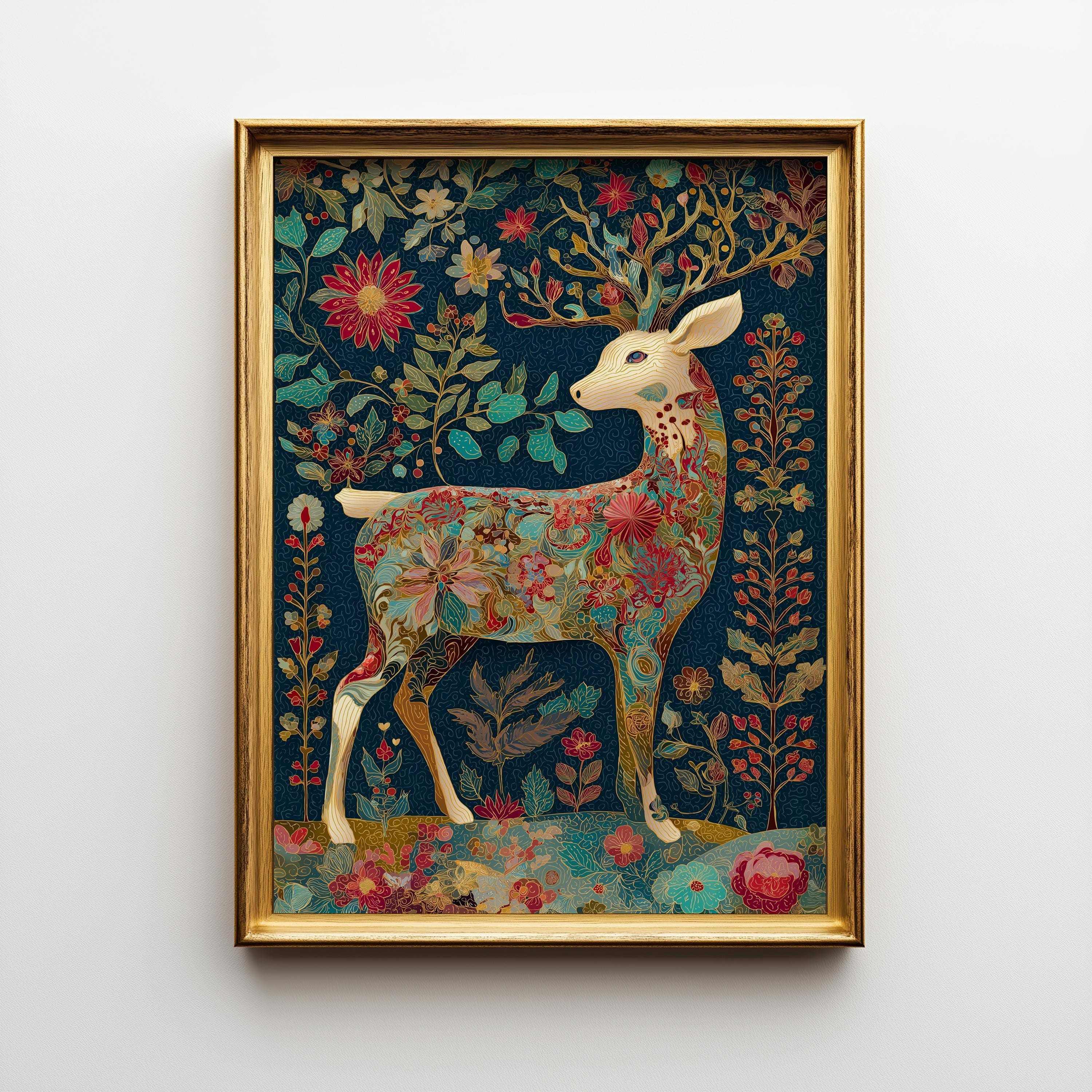 Floral Deer Christmas Scandinavian Botanical Reindeer Wall Art by The Wall Art Studio
