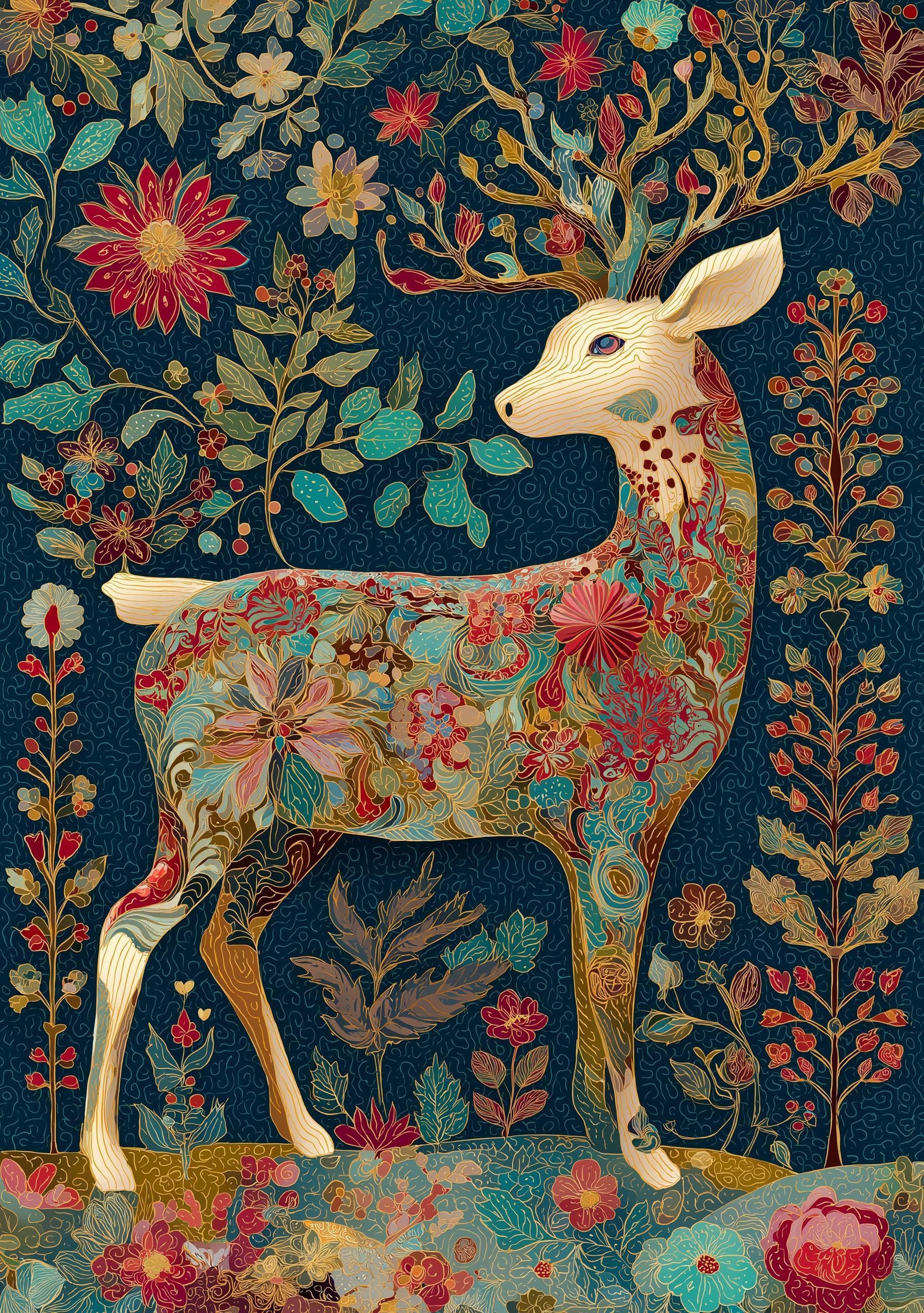 Floral Deer Christmas Scandinavian Botanical Reindeer Wall Art by The Wall Art Studio