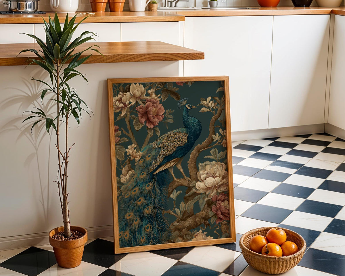 Chinoiserie Elegant Peacock & Peony Vintage Asian Floral Wall Art by The Wall Art Studio - physical