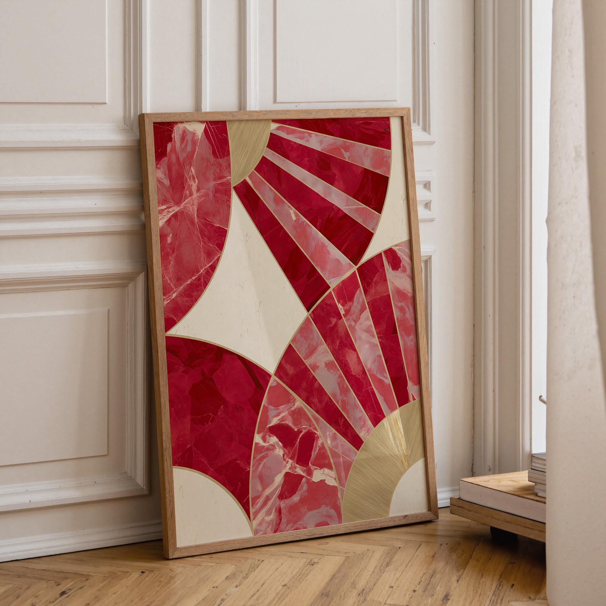 Red Abstract Geometric Art Deco Marble Wall Art by The Wall Art Studio