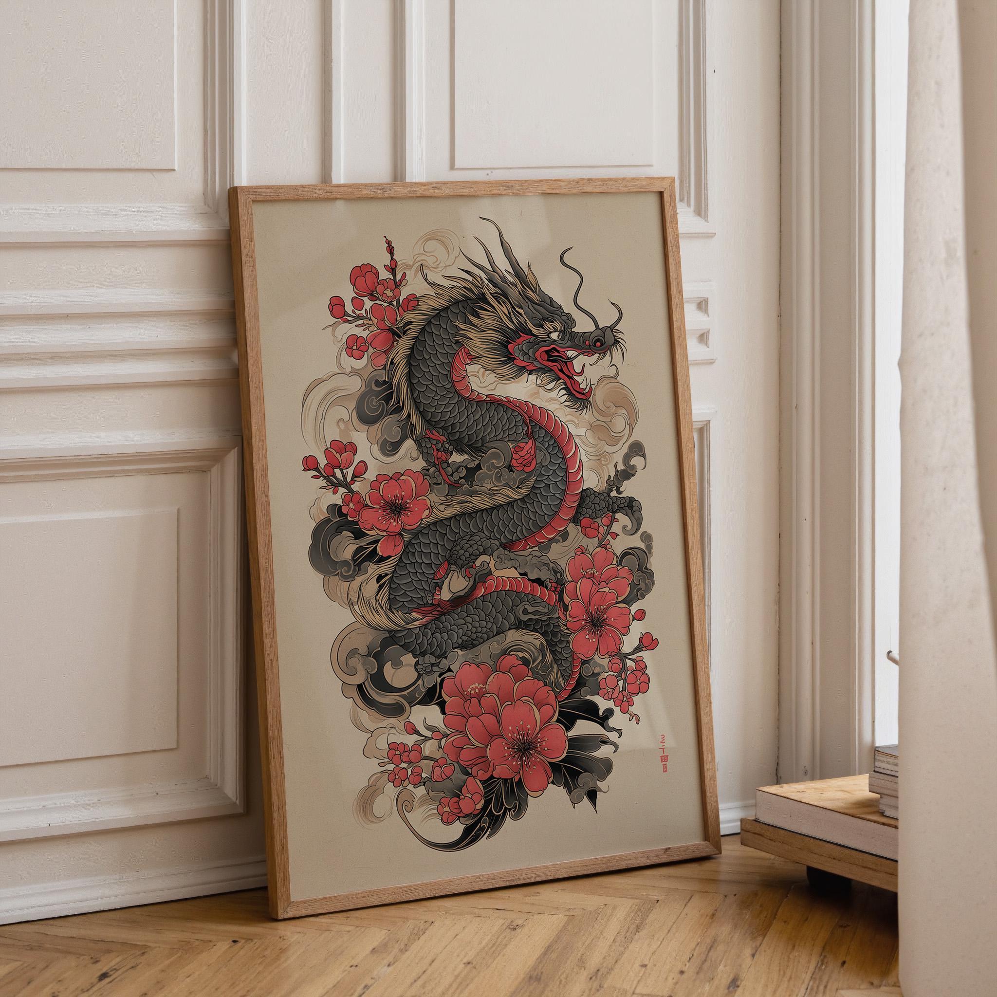 Japanese Dragon Cherry Blossom Oriental Tattoo Style Wall Art