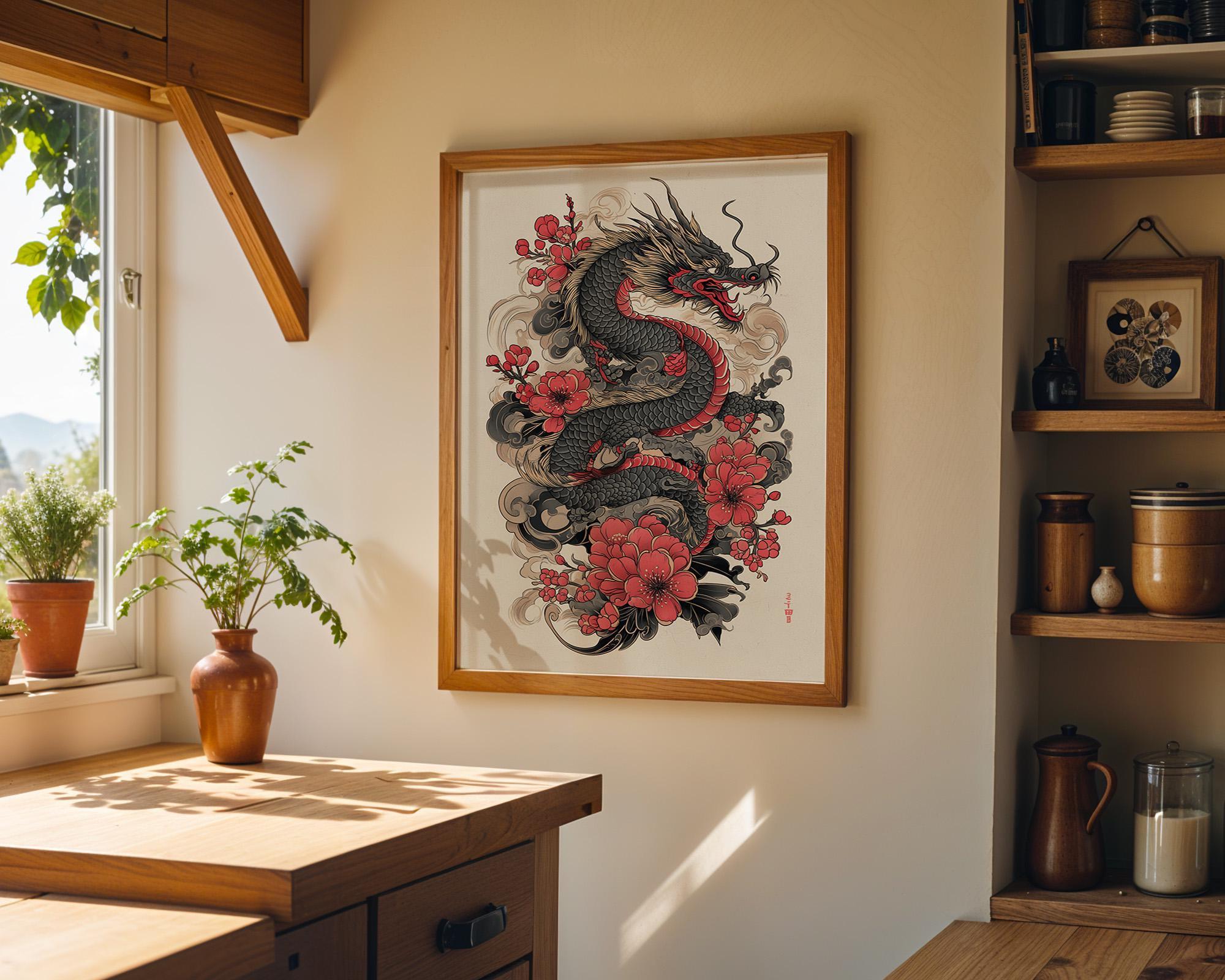 Japanese Dragon Cherry Blossom Oriental Tattoo Style Wall Art