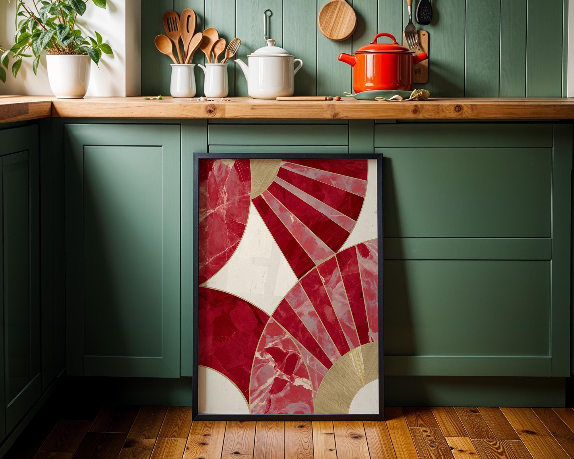 Red Abstract Geometric Art Deco Marble Wall Art by The Wall Art Studio
