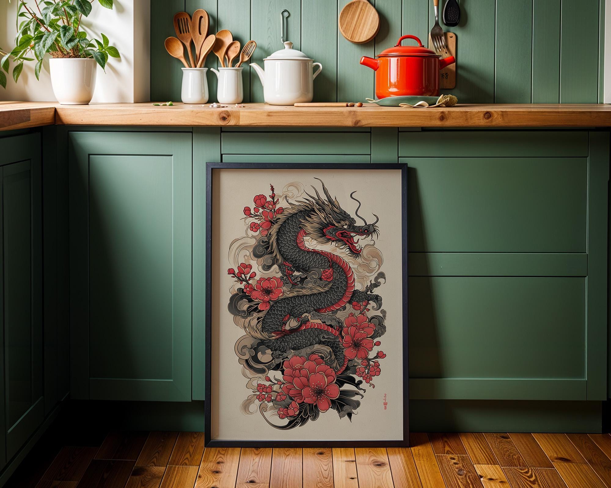 Japanese Dragon Cherry Blossom Oriental Tattoo Style Wall Art