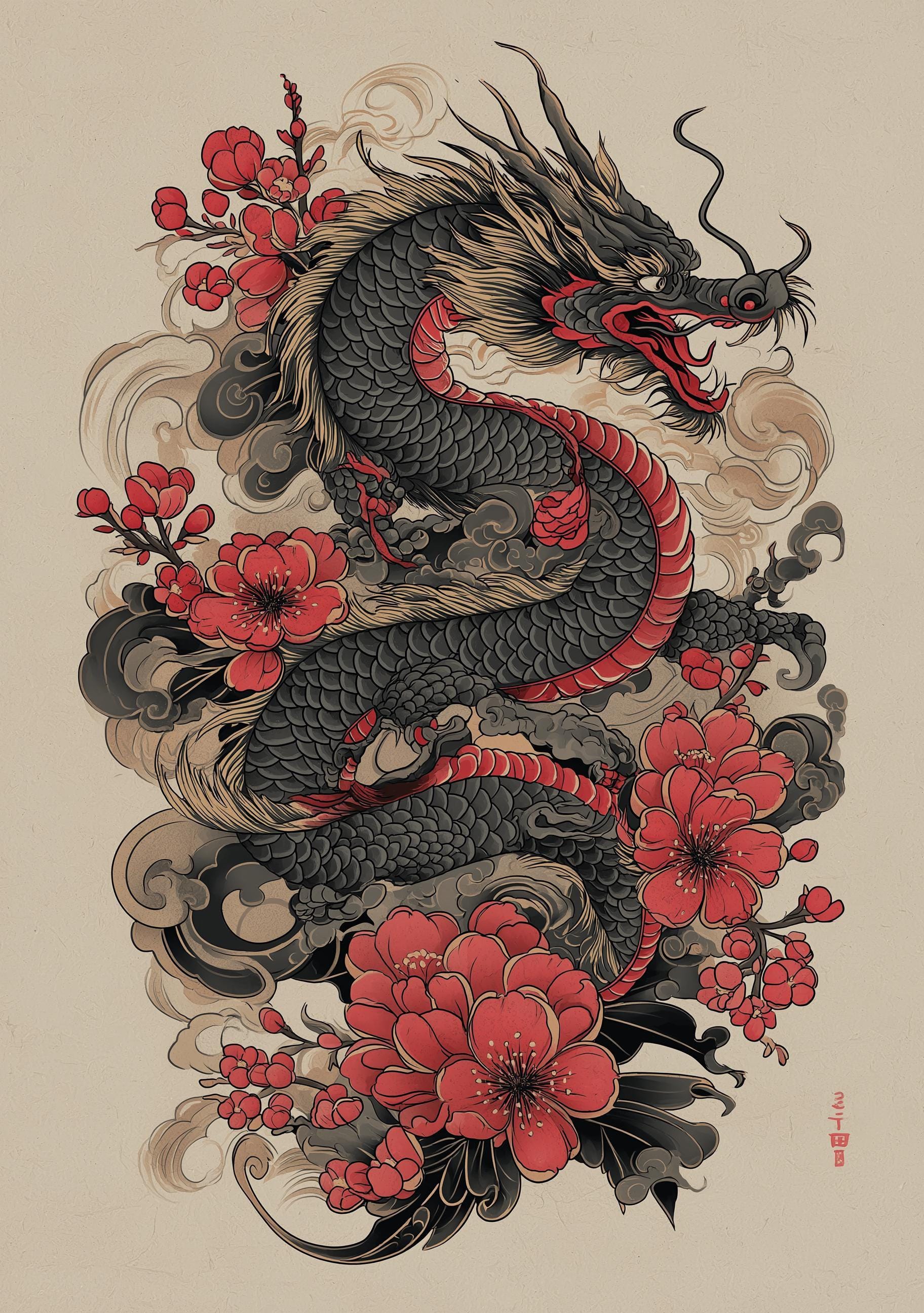 Japanese Dragon Cherry Blossom Oriental Tattoo Style Wall Art
