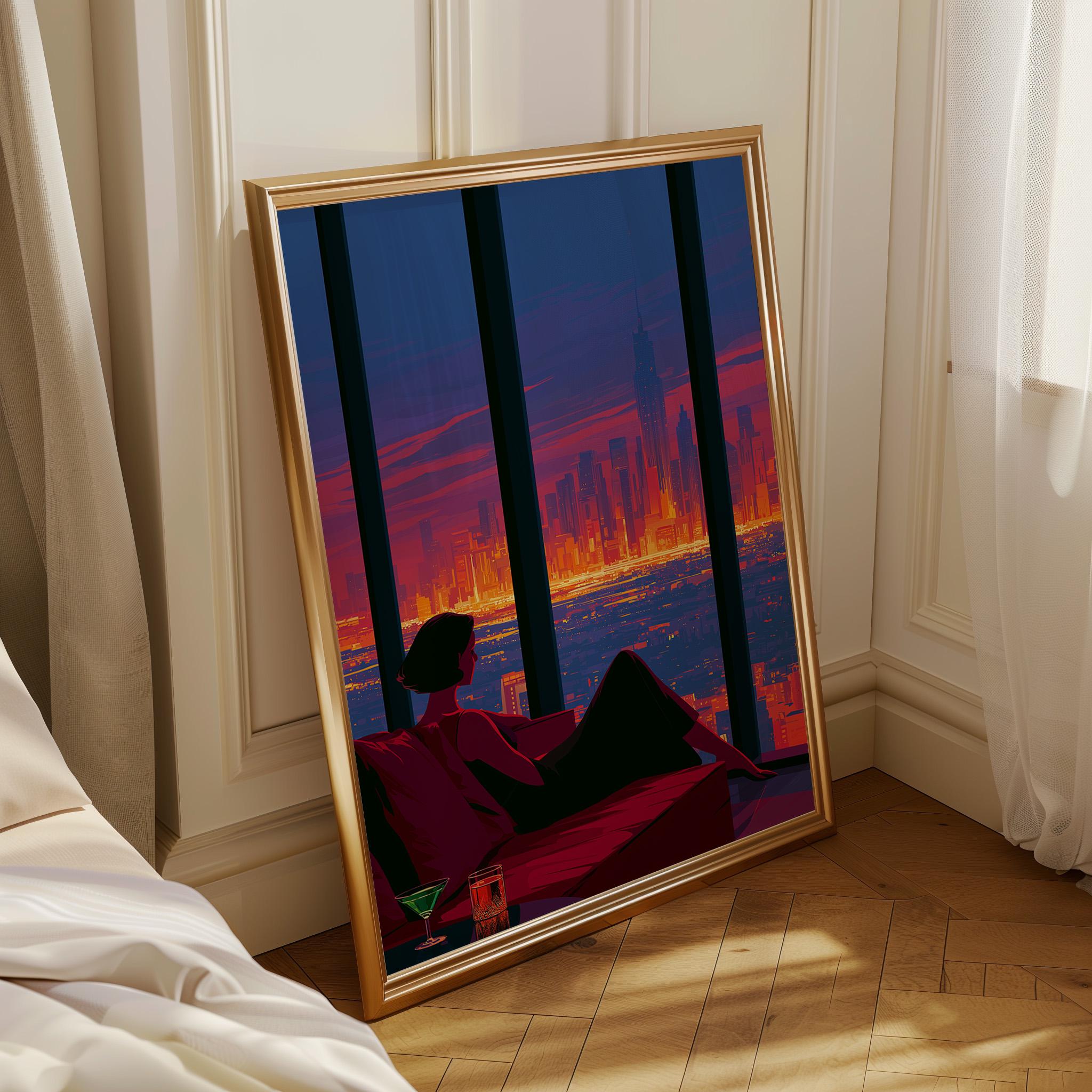 Neo Deco Luxury Penthouse Elegant Woman City Skyline Wall Art by The Wall Art Studio
