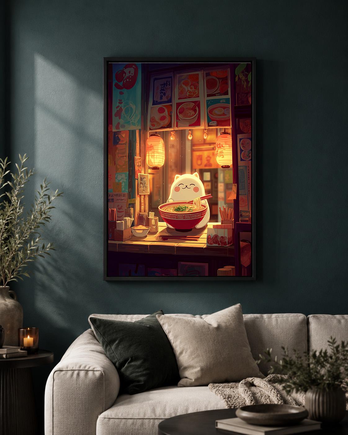 Cute Ramen Cat Kawaii Japanese Noodle Shop Anime Wall Art by The Wall Art Studio