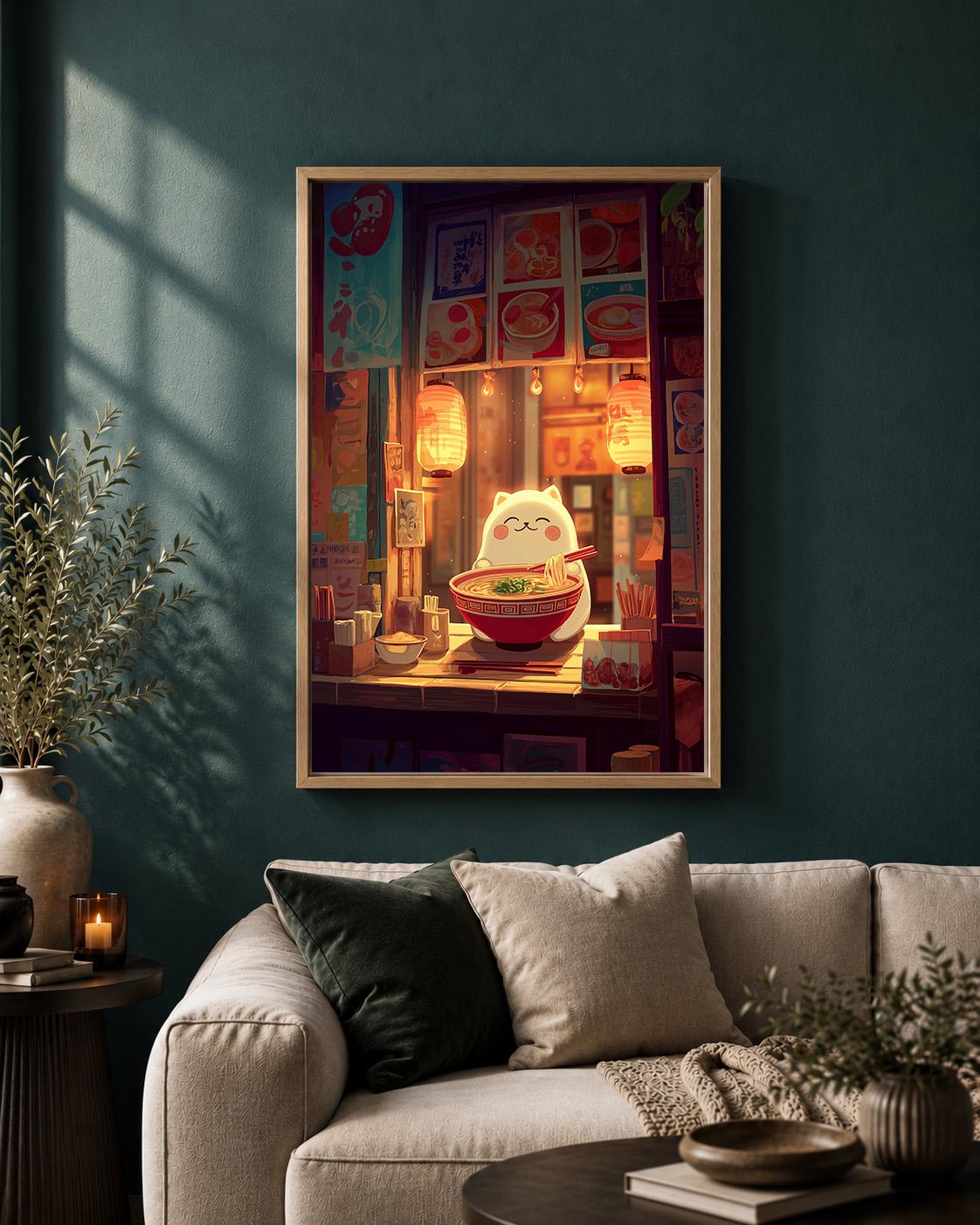 Cute Ramen Cat Kawaii Japanese Noodle Shop Anime Wall Art by The Wall Art Studio