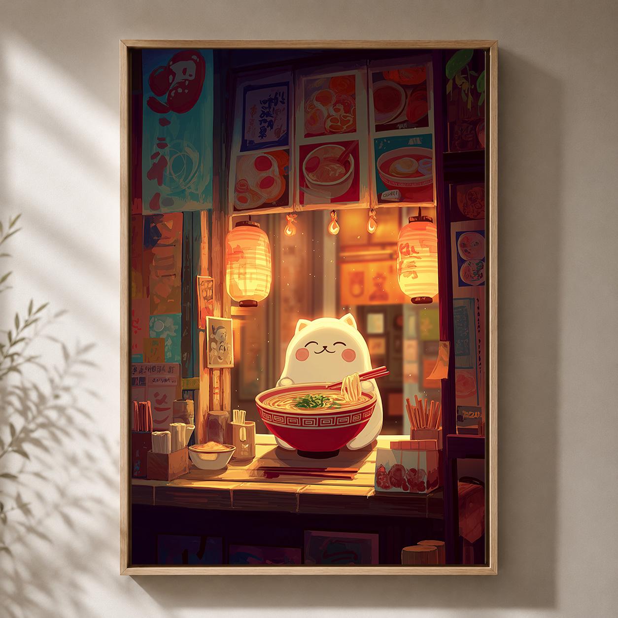 Cute Ramen Cat Kawaii Japanese Noodle Shop Anime Wall Art by The Wall Art Studio