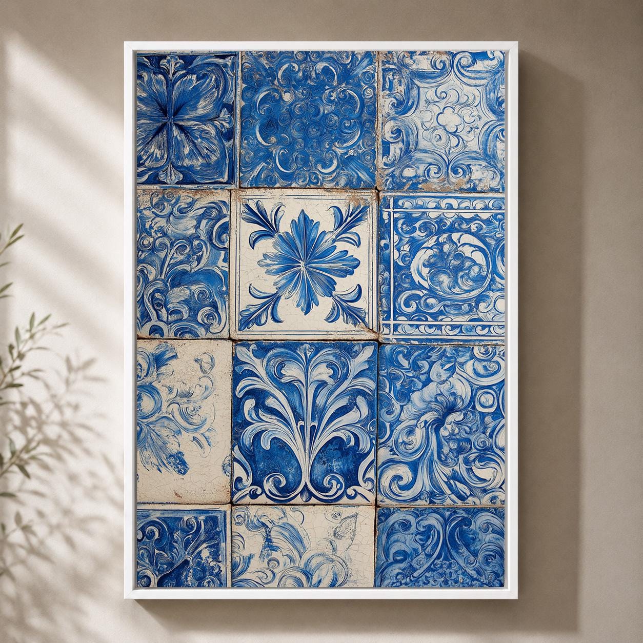Blue Portuguese Tile Azulejo Ceramic Pattern Framed Canvas by The Wall Art Studio