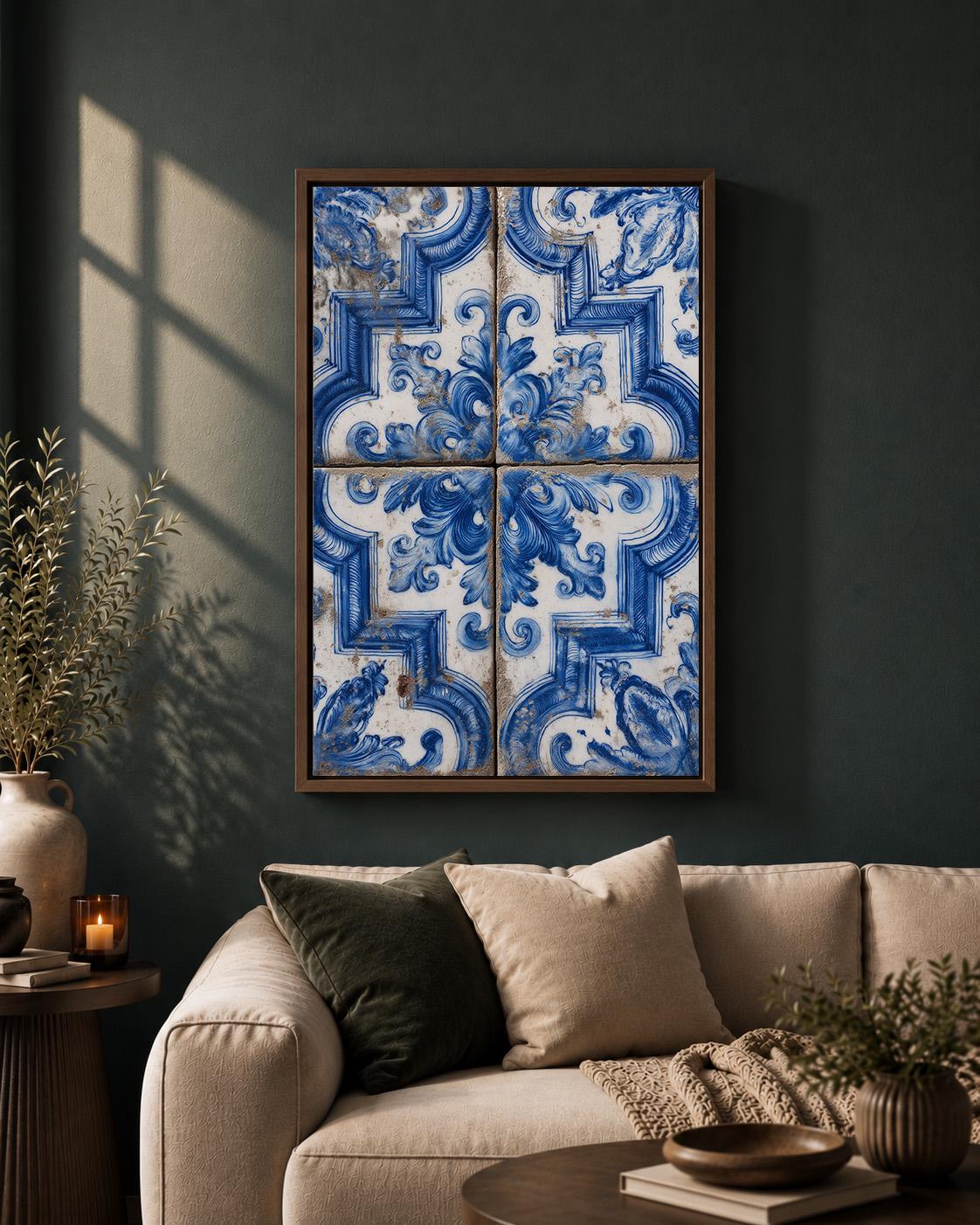 Portuguese Azulejo Blue Ceramic Tile Mediterranean Framed Canvas by The Wall Art Studio